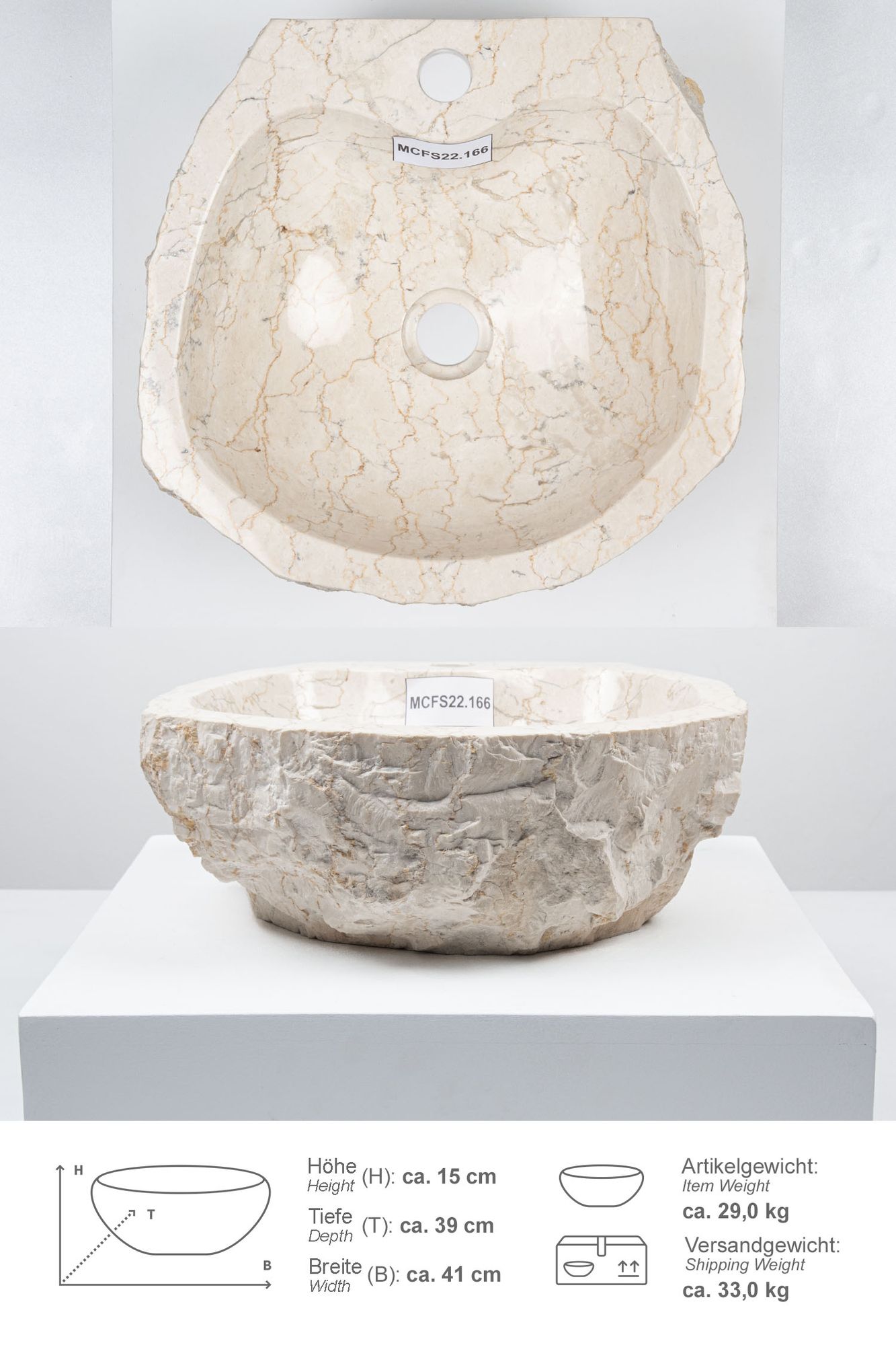Erosi Marmor Waschbecken mit Hahnloch creme 40 cm MCFS22.166