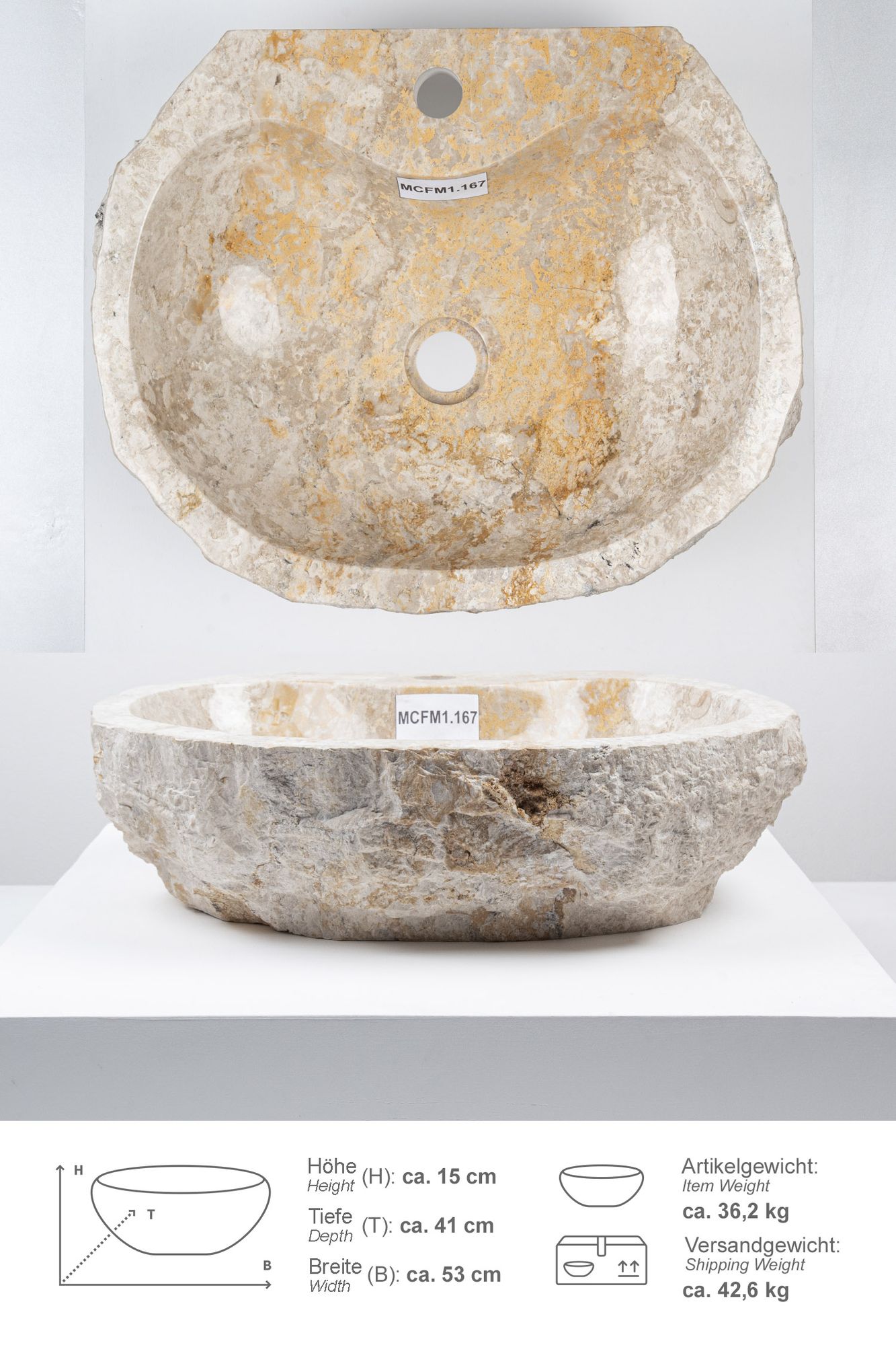 Erosi Marmor Waschbecken creme mit Hahnloch 50 cm MCFM1.167