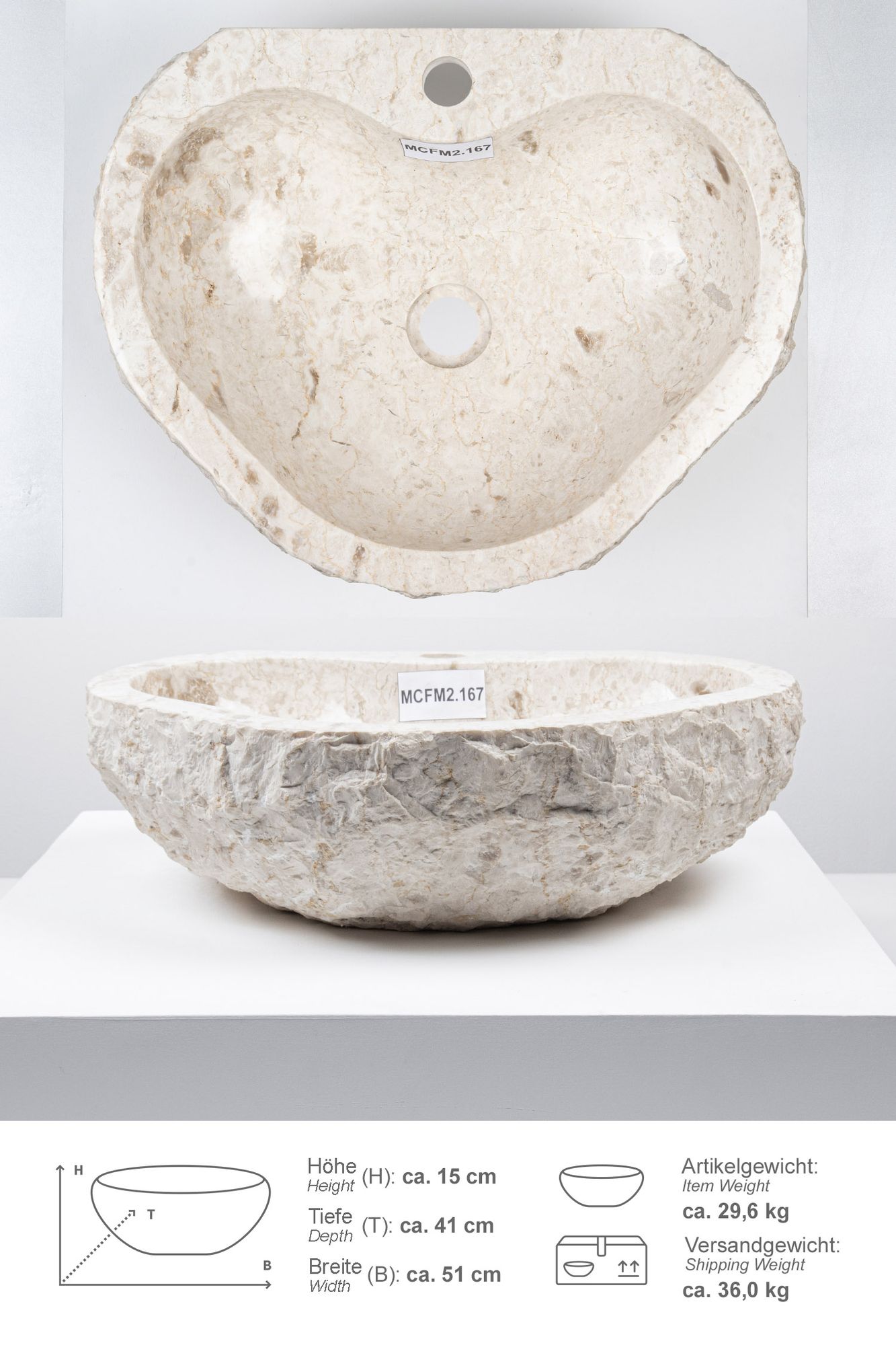 Erosi Marmor Waschbecken creme mit Hahnloch 50 cm MCFM2.167