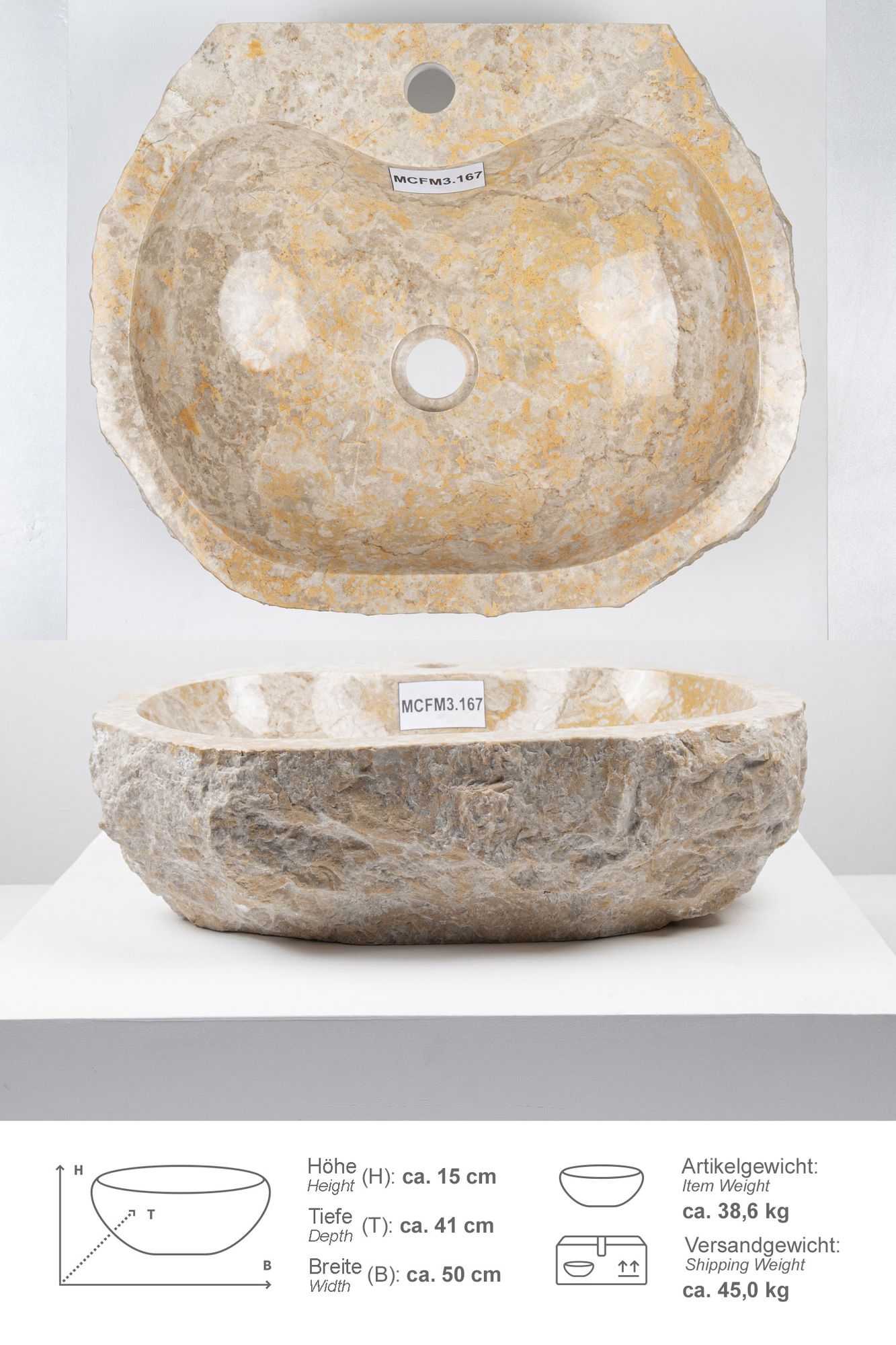 Erosi Marmor Waschbecken creme mit Hahnloch 50 cm MCFM3.167