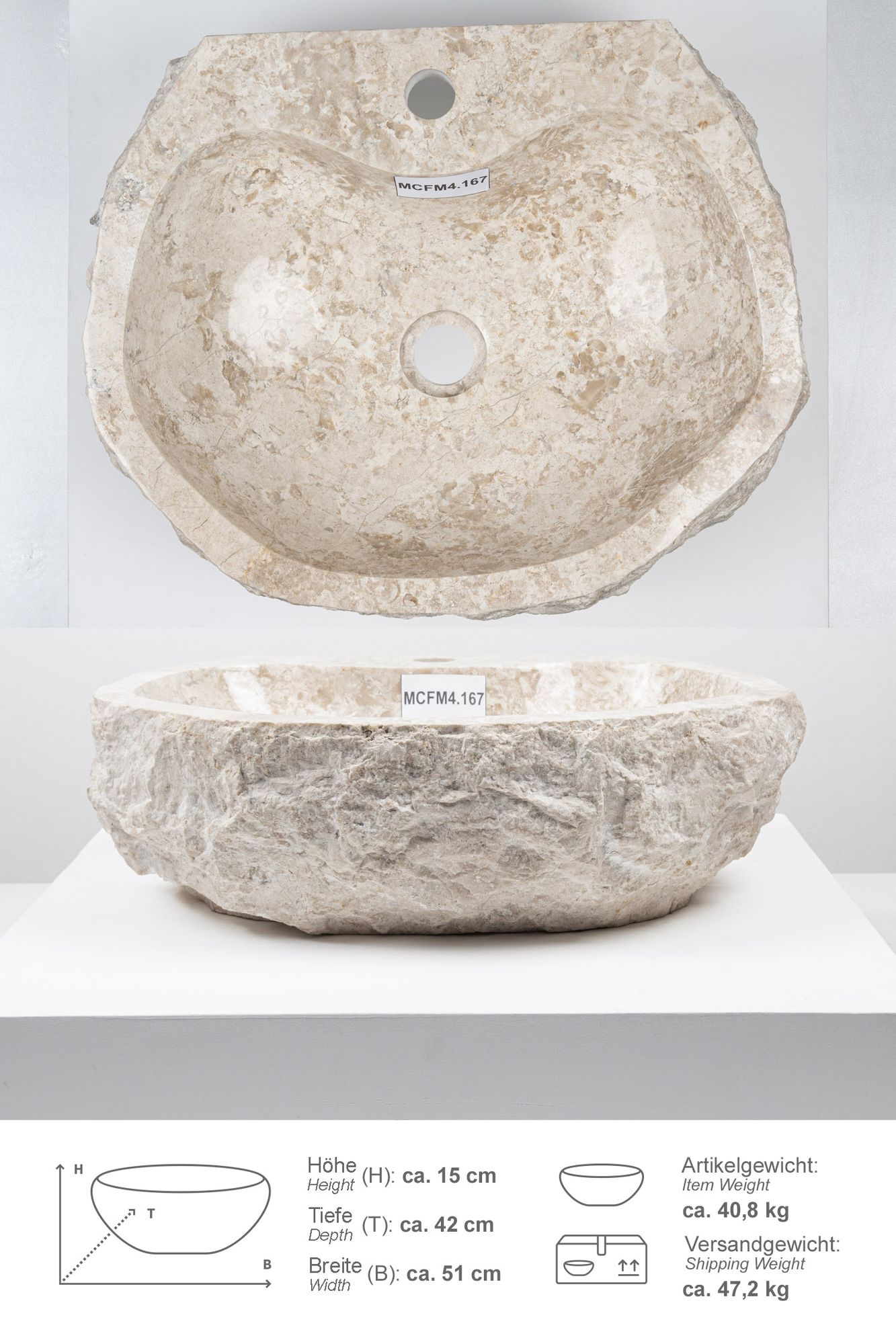 Erosi Marmor Waschbecken creme mit Hahnloch 50 cm MCFM4.167