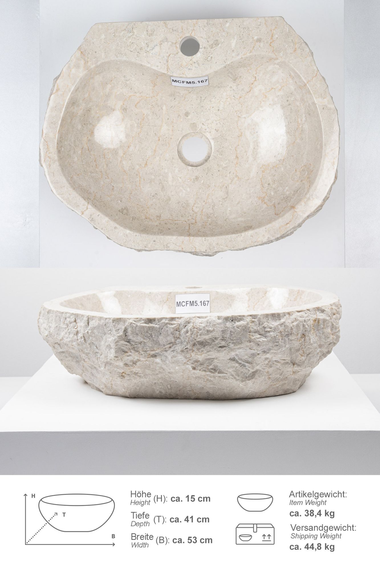 Erosi Marmor Waschbecken creme mit Hahnloch 50 cm MCFM5.167