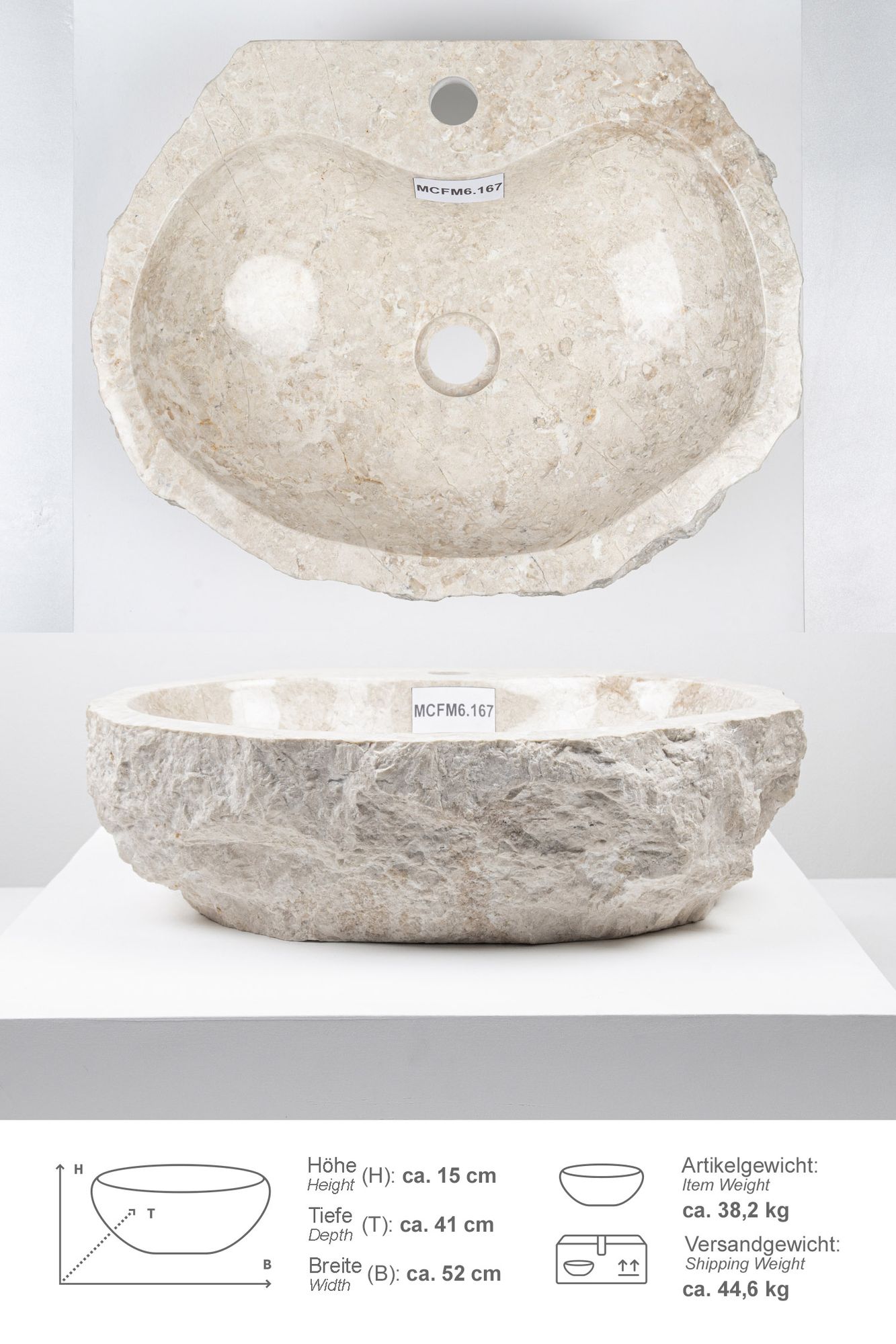 Erosi Marmor Waschbecken creme mit Hahnloch 50 cm MCFM6.167