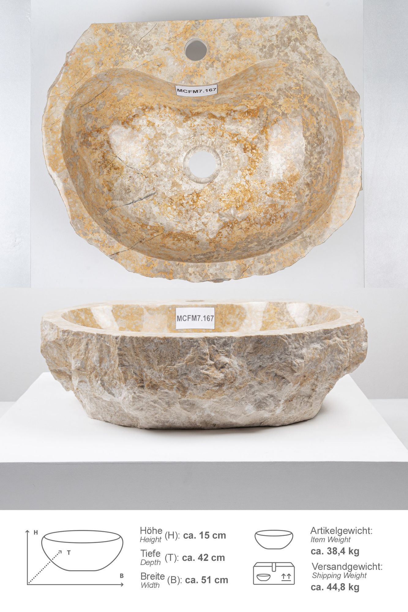 Erosi Marmor Waschbecken creme mit Hahnloch 50 cm MCFM7.167