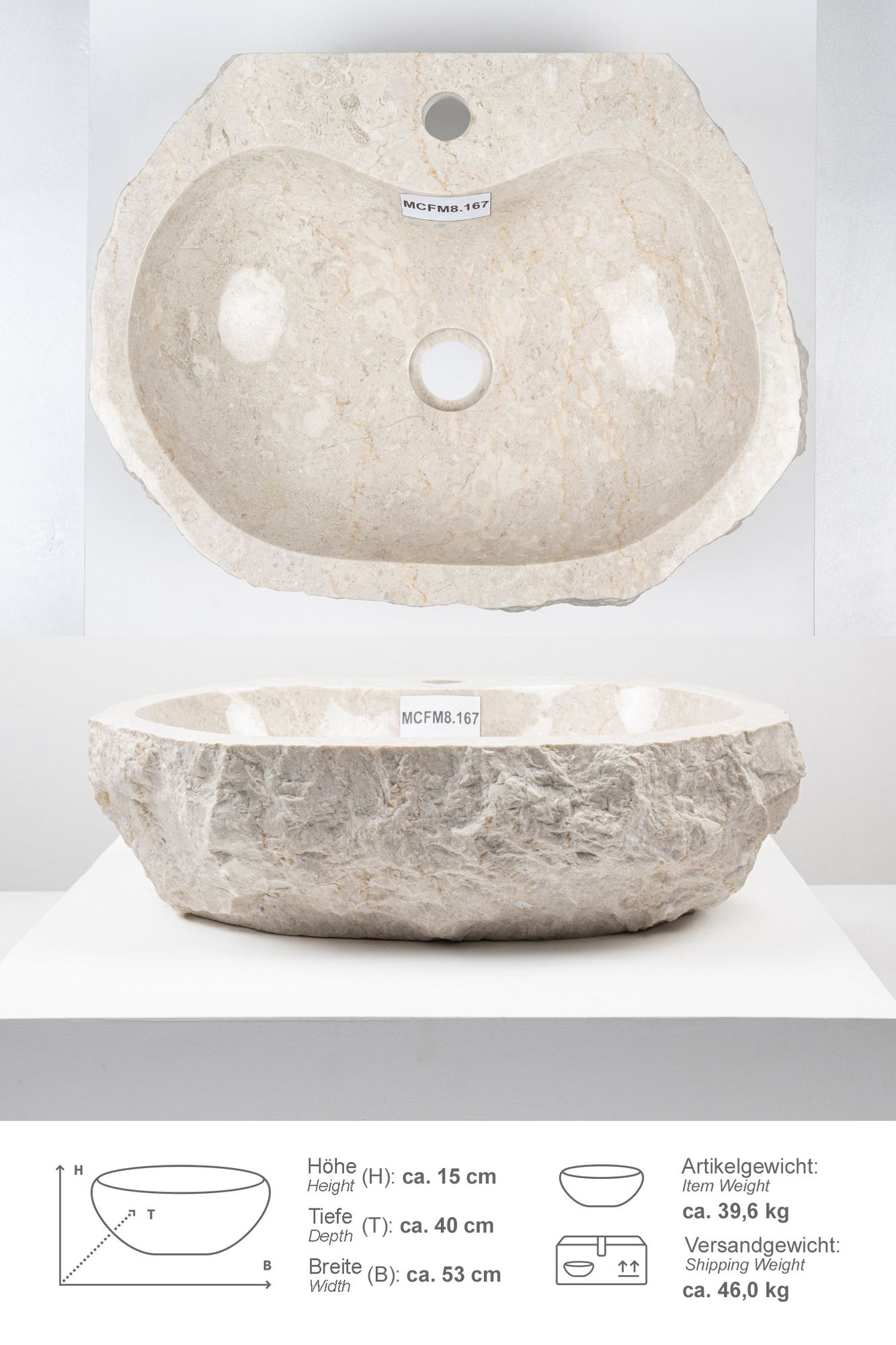 Erosi Marmor Waschbecken creme mit Hahnloch 50 cm MCFM8.167