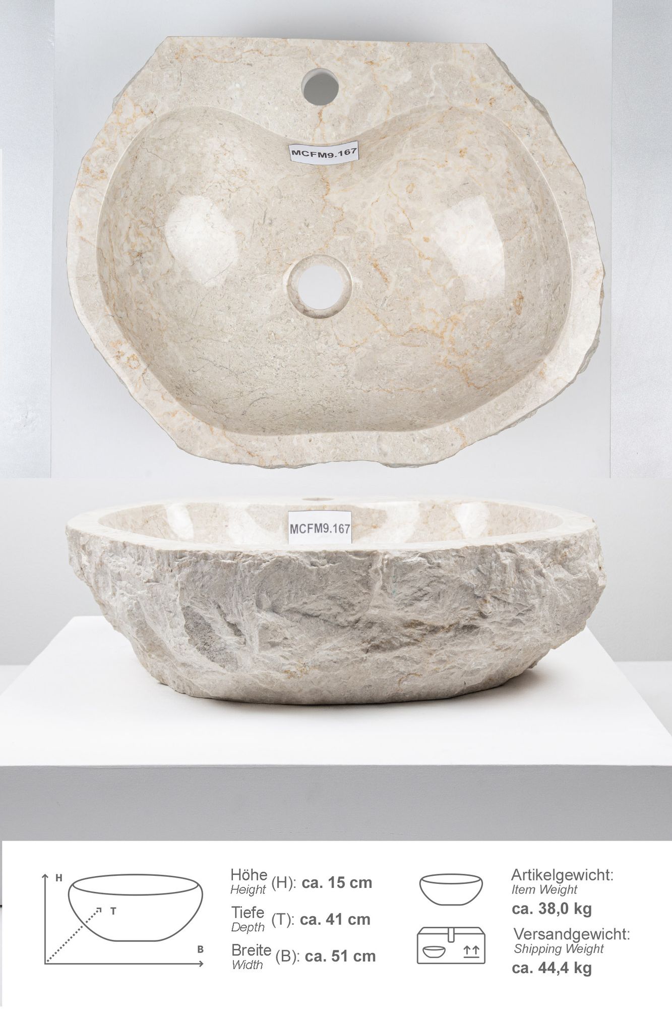 Erosi Marmor Waschbecken creme mit Hahnloch 50 cm MCFM9.167