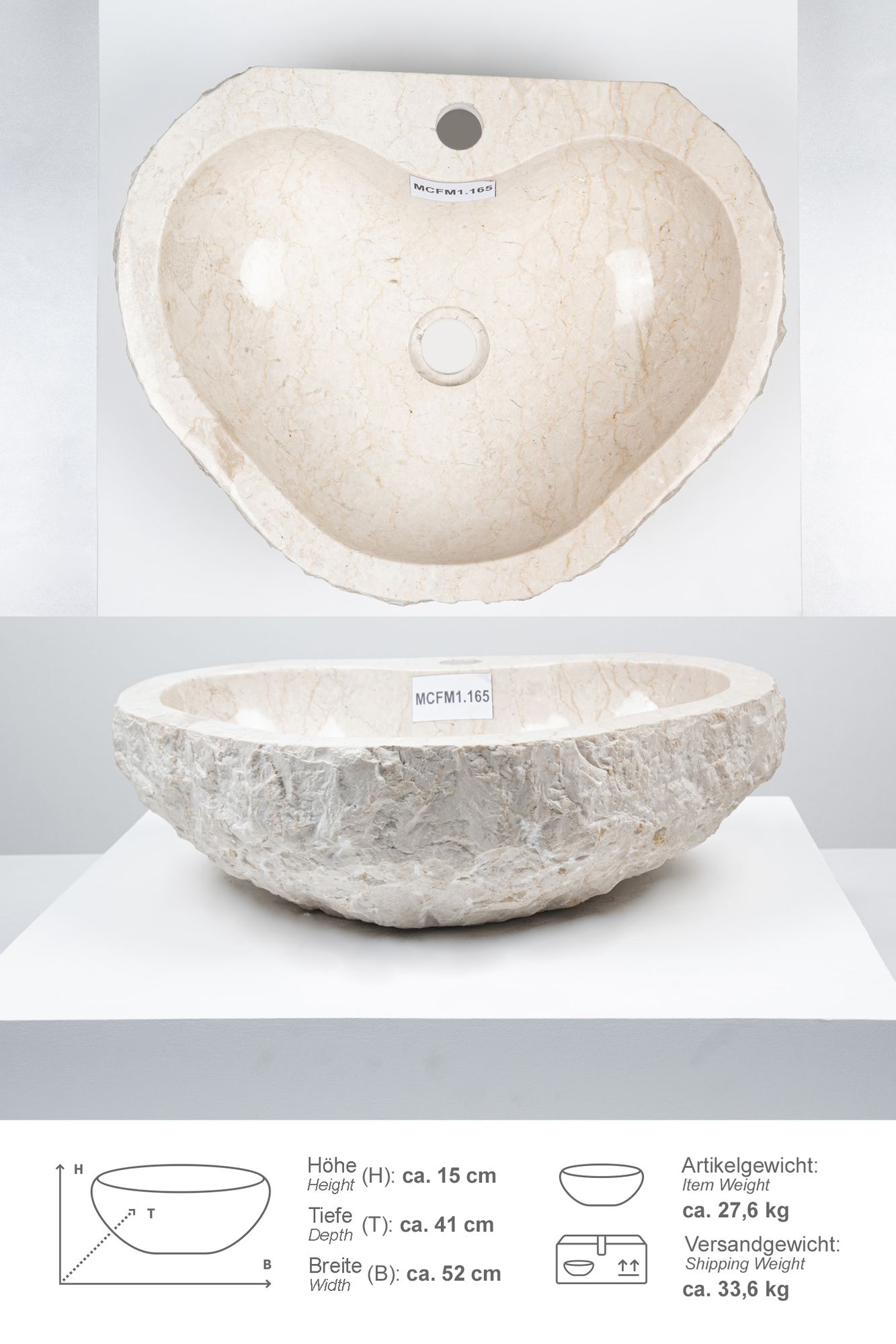 Erosi Marmor Waschbecken creme mit Hahnloch 50 cm MCFM1.165