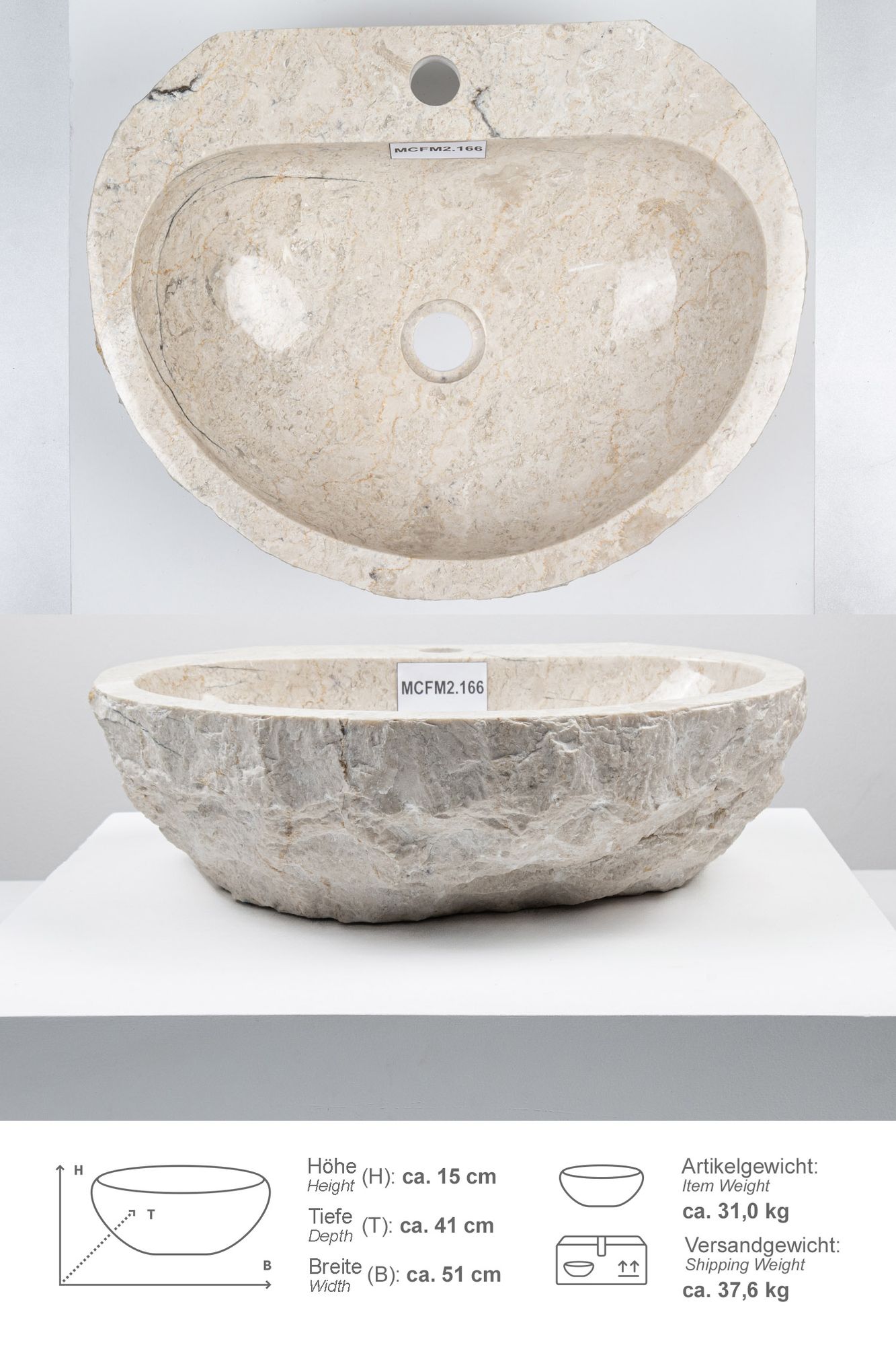 Erosi Marmor Waschbecken creme mit Hahnloch 50 cm MCFM2.166