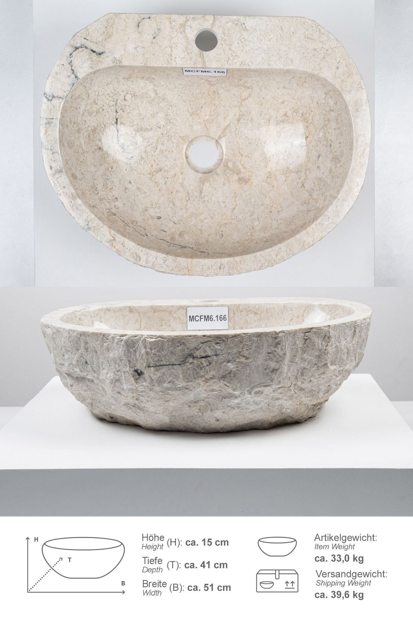 Erosi Marmor Waschbecken creme mit Hahnloch 50 cm MCFM6.166