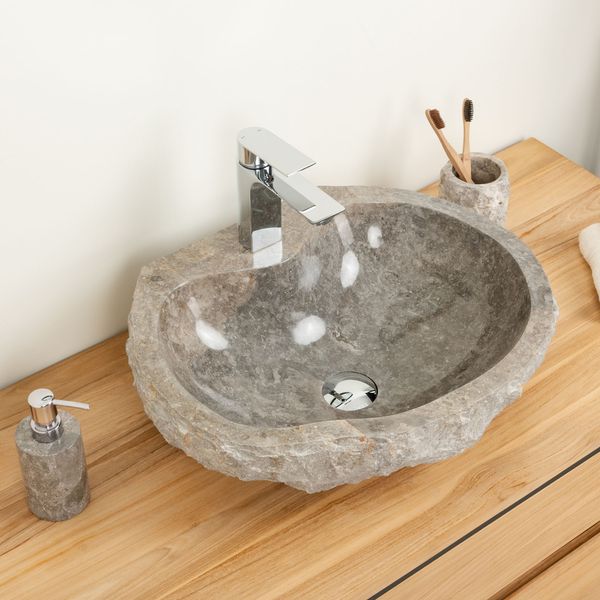 Erosi Marmor Waschbecken grau mit Hahnloch 50 cm