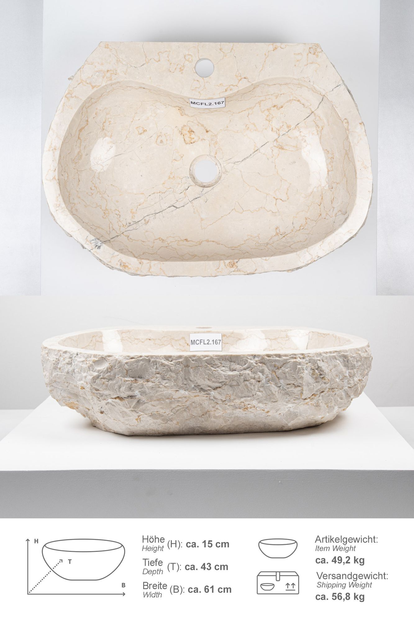 Erosi Marmor Waschbecken creme mit Hahnloch 60 cm MCFL2.167