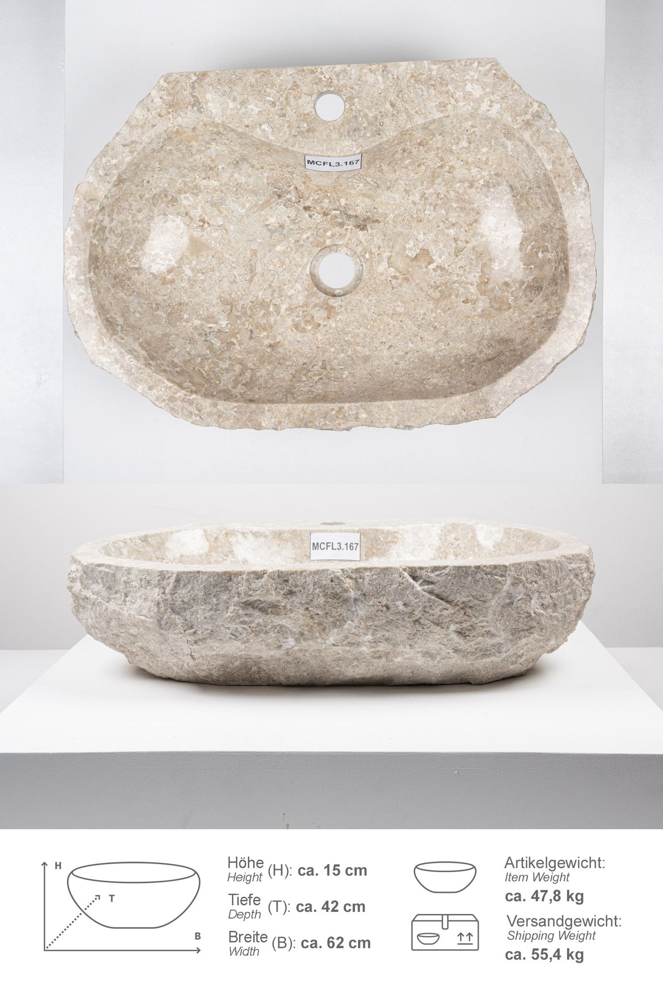 Erosi Marmor Waschbecken creme mit Hahnloch 60 cm MCFL3.167