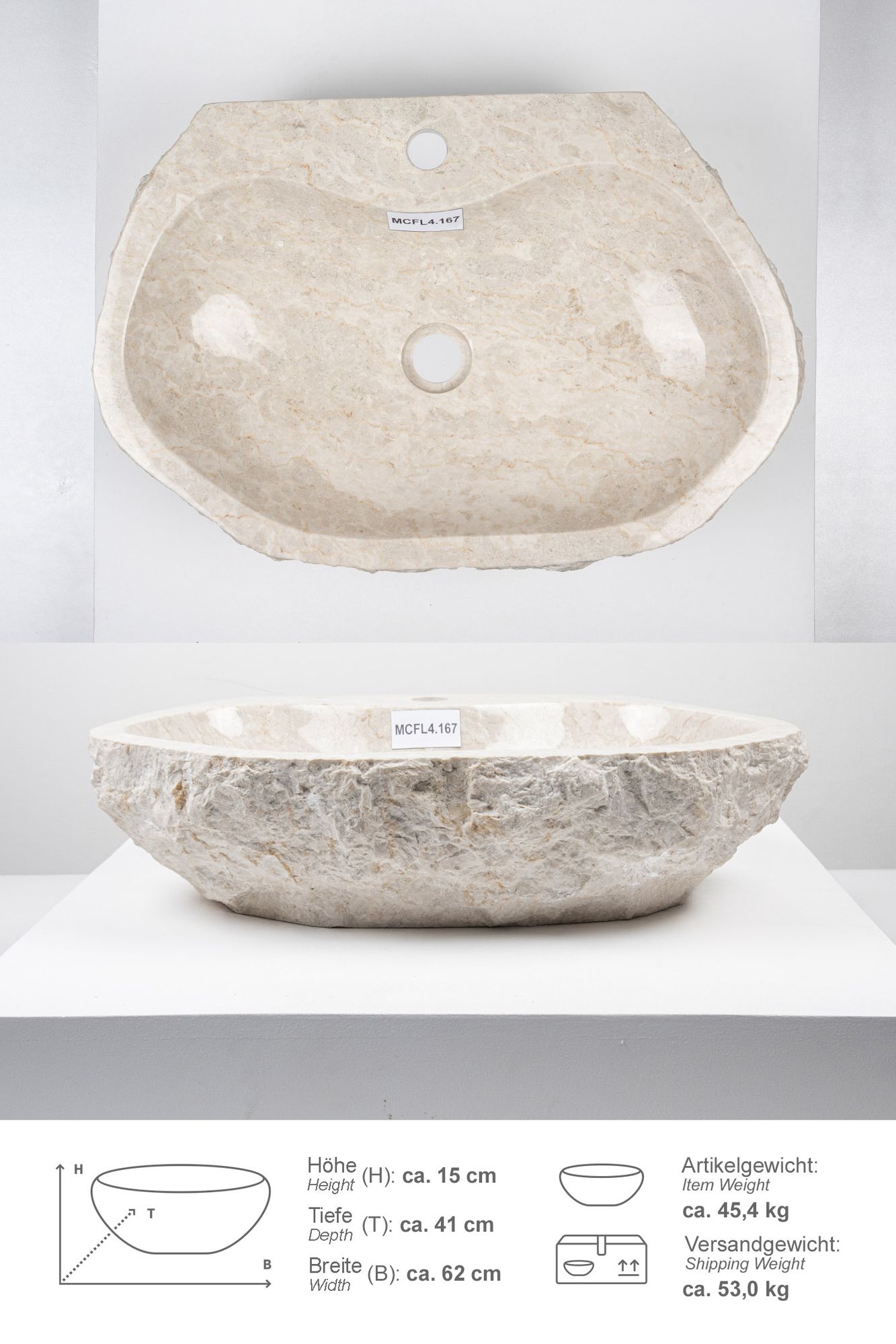 Erosi Marmor Waschbecken creme mit Hahnloch 60 cm MCFL4.167