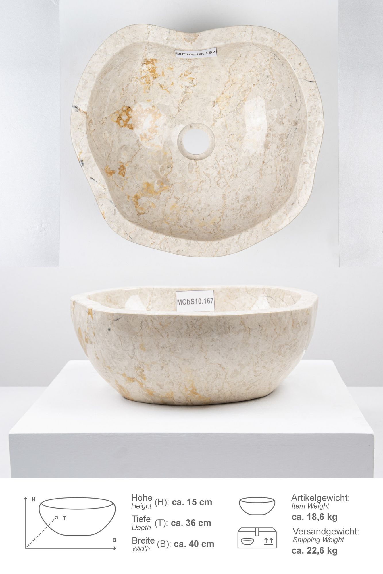 Erosi Marmor Waschbecken 40 cm creme rundum poliert MCbS10.167