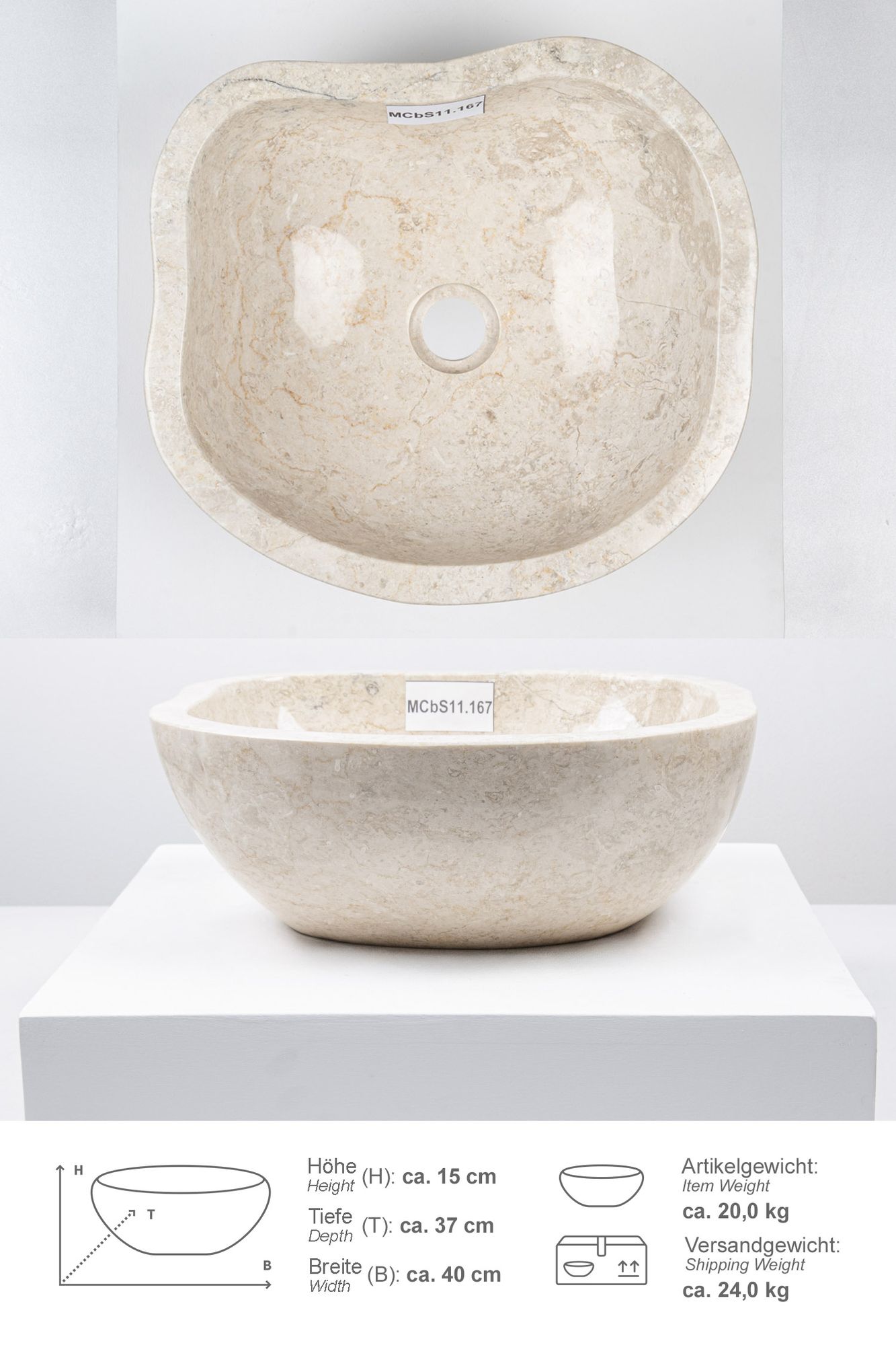 Erosi Marmor Waschbecken 40 cm creme rundum poliert MCbS11.167
