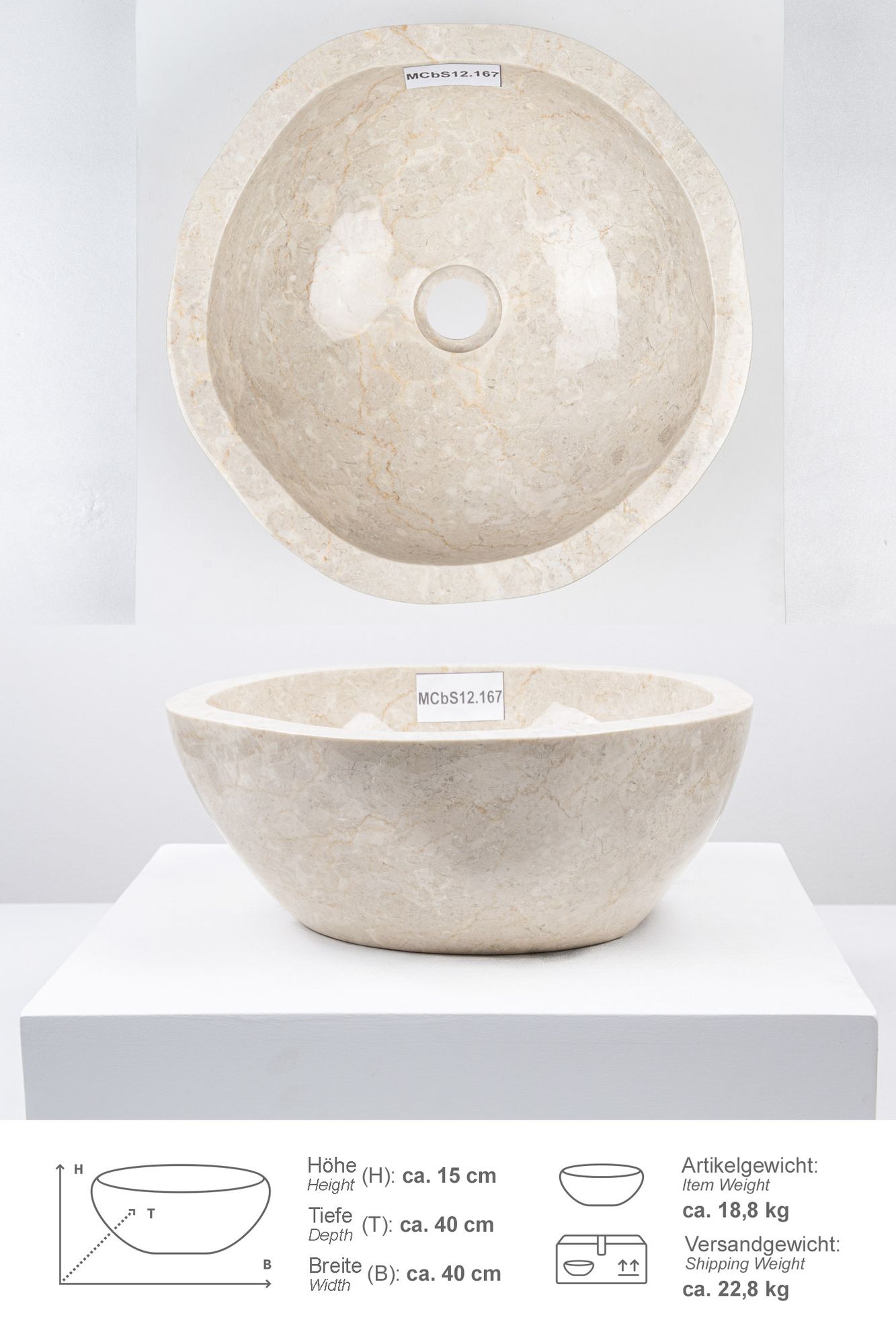 Erosi Marmor Waschbecken 40 cm creme rundum poliert MCbS12.167
