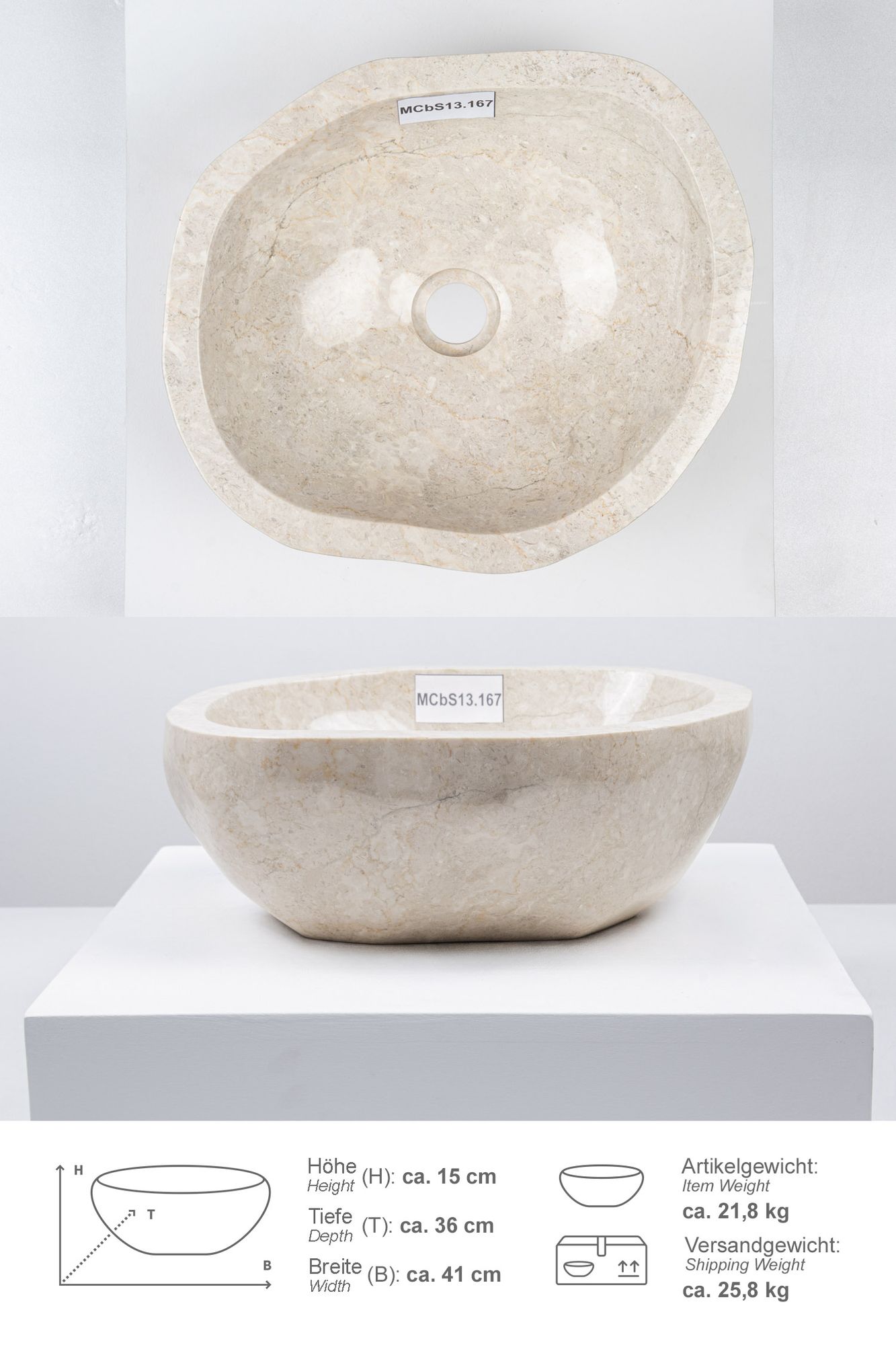 Erosi Marmor Waschbecken 40 cm creme rundum poliert MCbS13.167