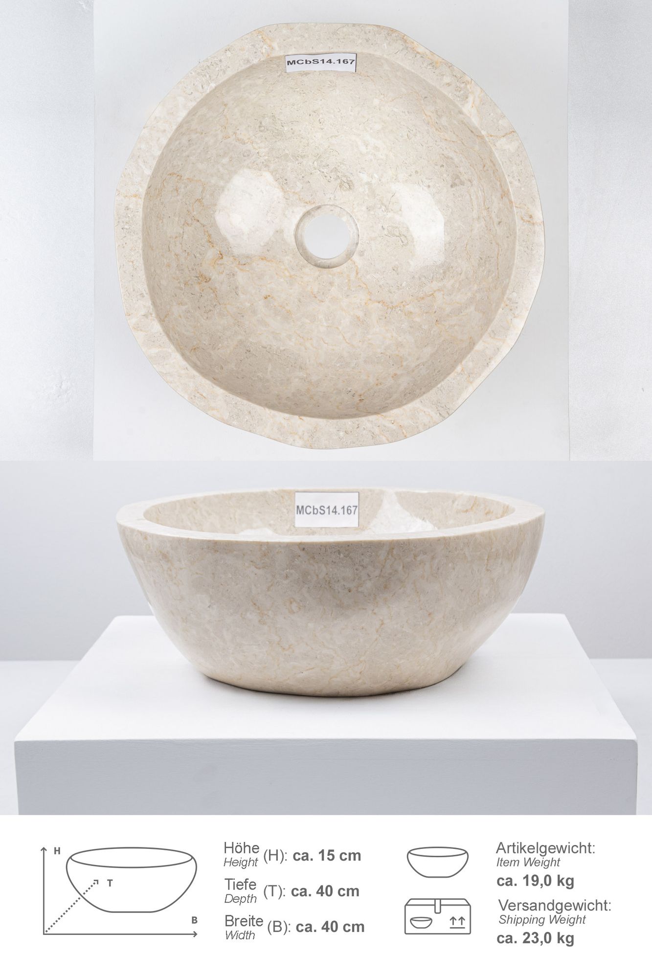 Erosi Marmor Waschbecken 40 cm creme rundum poliert MCbS14.167