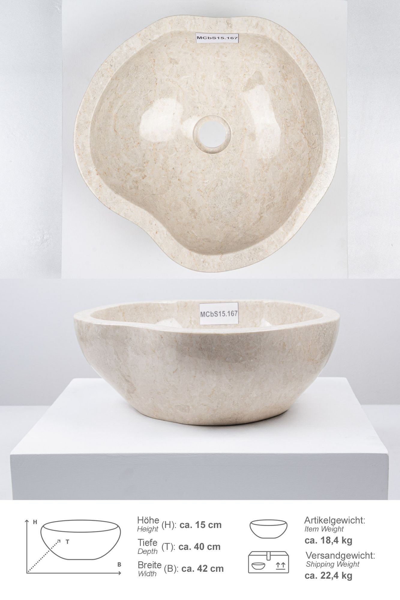 Erosi Marmor Waschbecken 40 cm creme rundum poliert MCbS15.167