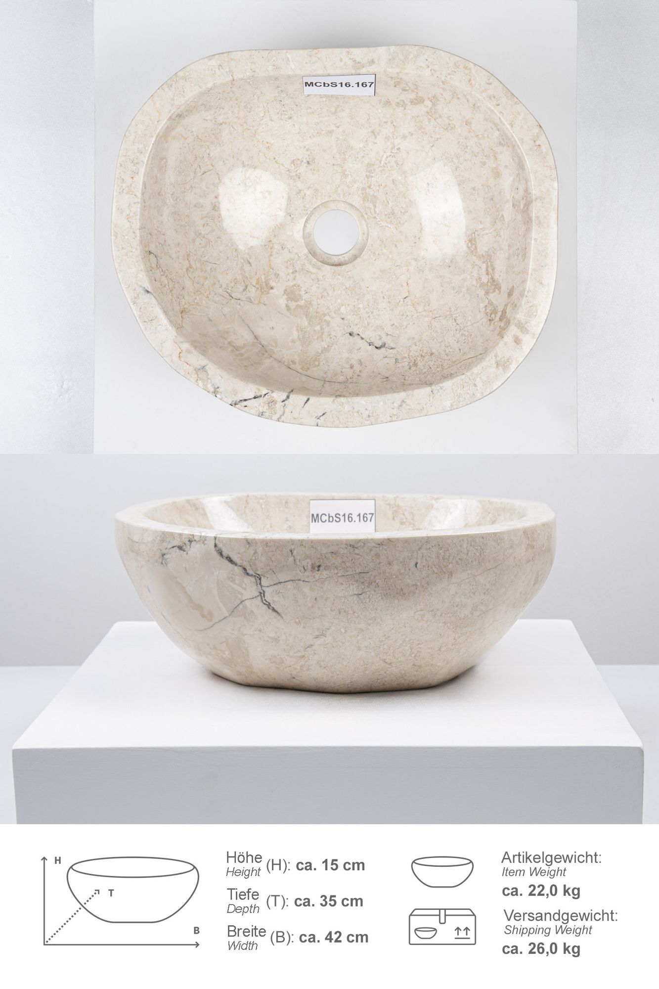 Erosi Marmor Waschbecken 40 cm creme rundum poliert MCbS16.167