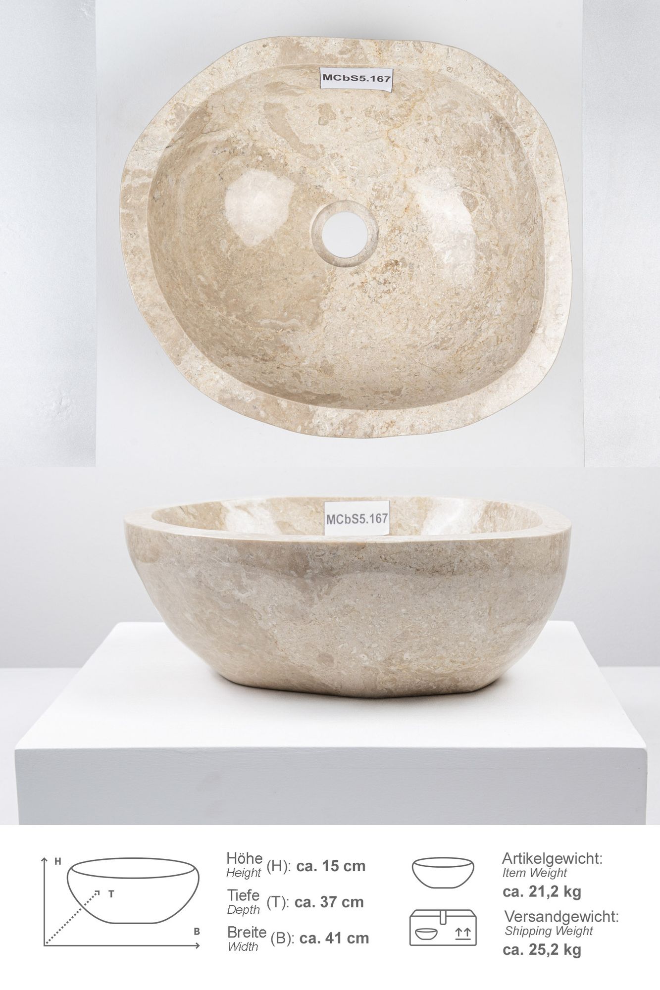 Erosi Marmor Waschbecken 40 cm creme rundum poliert MCbS5.167