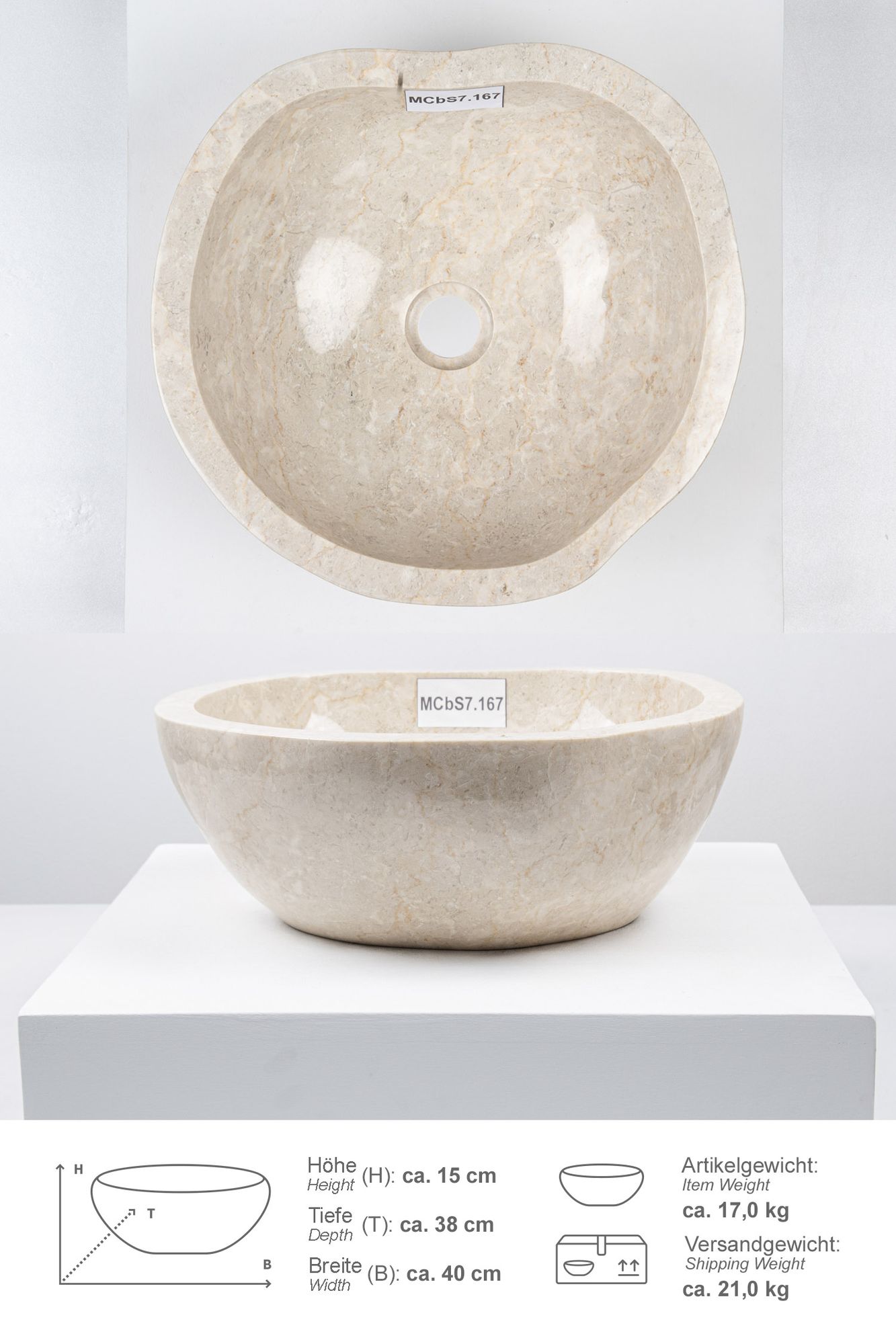 Erosi Marmor Waschbecken 40 cm creme rundum poliert MCbS7.167