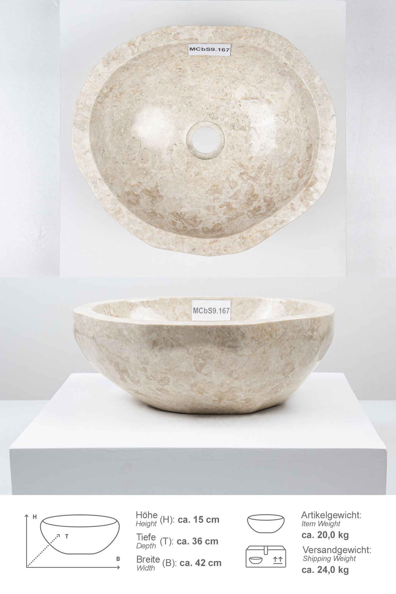 Erosi Marmor Waschbecken 40 cm creme rundum poliert MCbS9.167