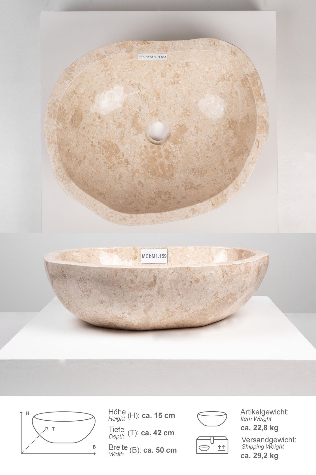 Erosi Marmor Waschbecken 50 cm creme rundum poliert MCbM1.159