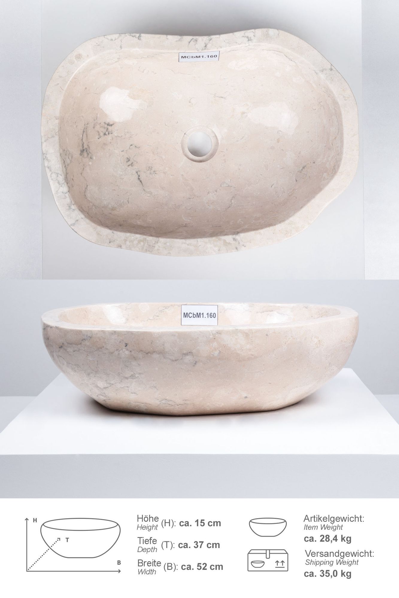 Erosi Marmor Waschbecken 50 cm creme rundum poliert MCbM1.160