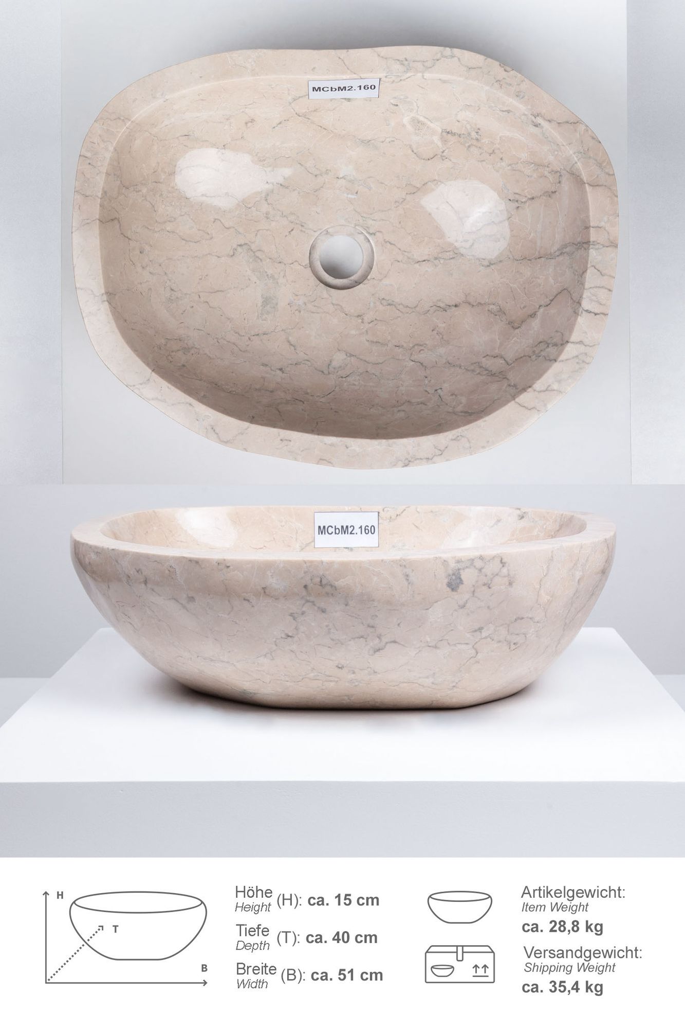 Erosi Marmor Waschbecken 50 cm creme rundum poliert MCbM2.160