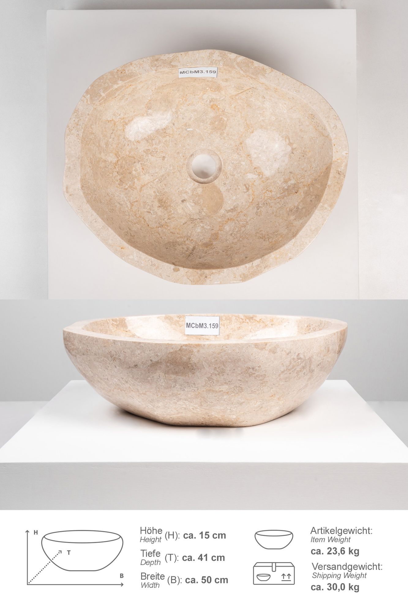 Erosi Marmor Waschbecken 50 cm creme rundum poliert MCbM3.159