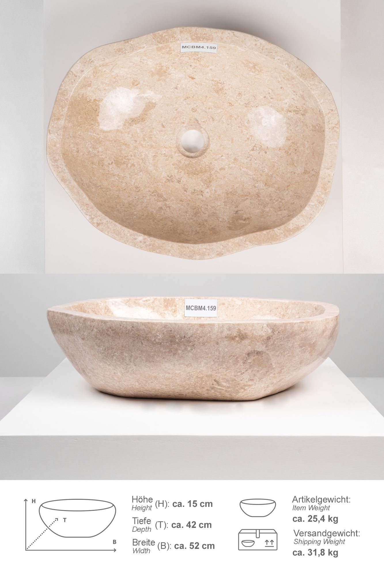 Erosi Marmor Waschbecken 50 cm creme rundum poliert MCbM4.159
