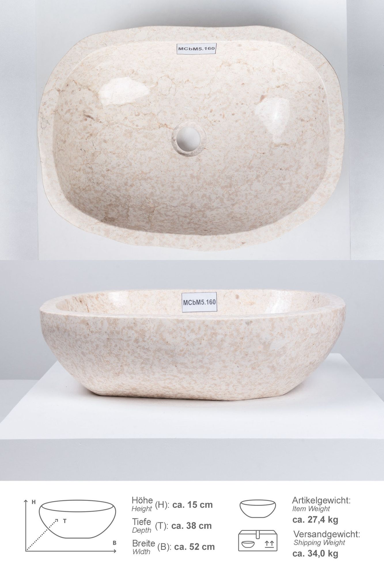 Erosi Marmor Waschbecken 50 cm creme rundum poliert MCbM5.160
