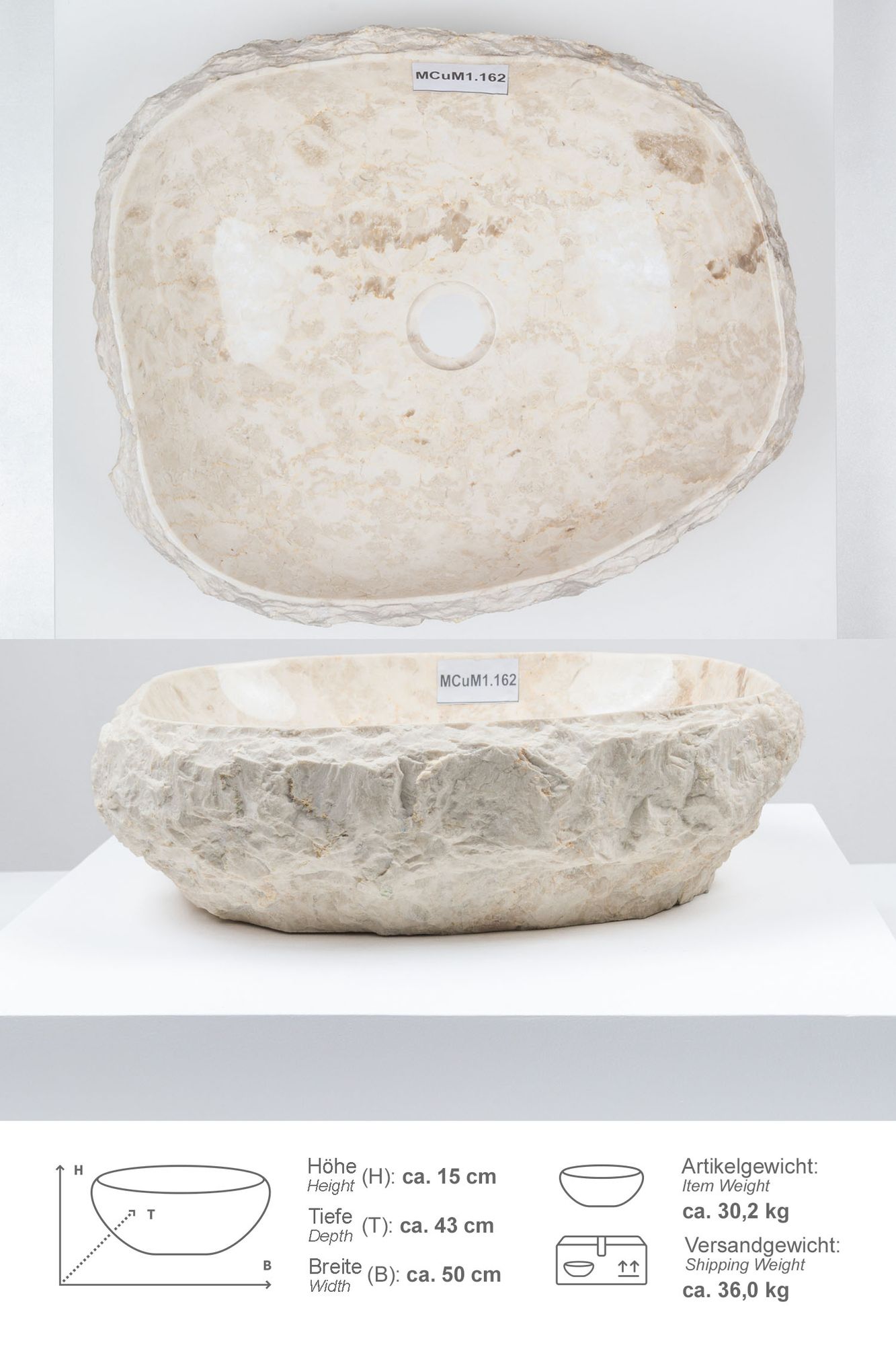 Erosi Marmor Waschbecken mit Naturkante 50 cm creme MCuM1.162