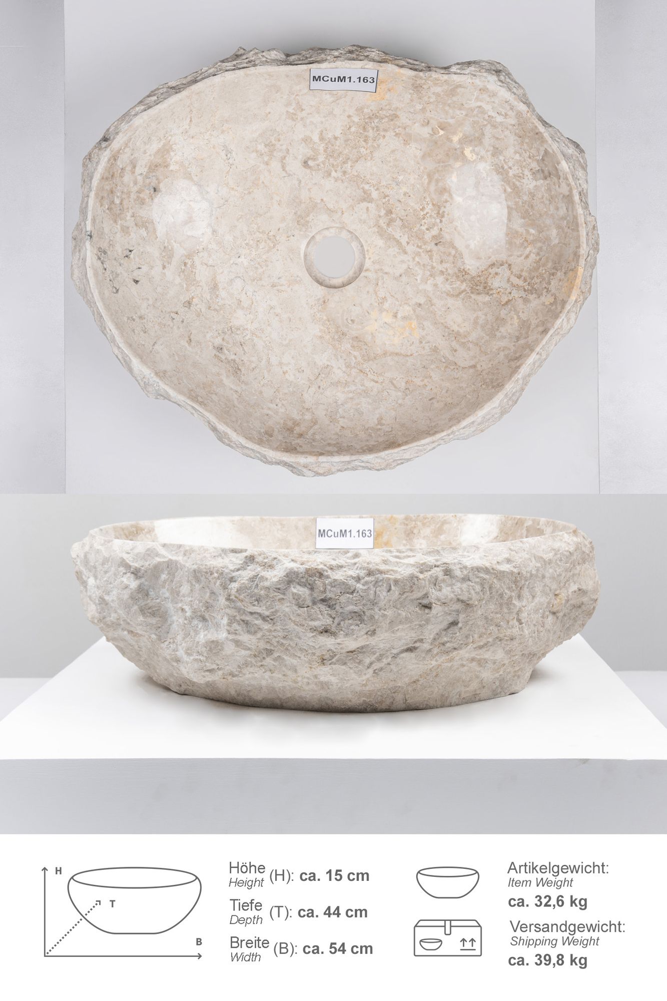 Erosi Marmor Waschbecken mit Naturkante 50 cm creme MCuM1.163