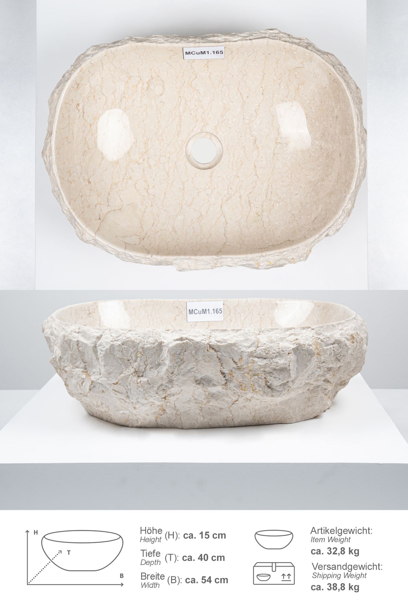 Erosi Marmor Waschbecken mit Naturkante 50 cm creme MCuM1.165