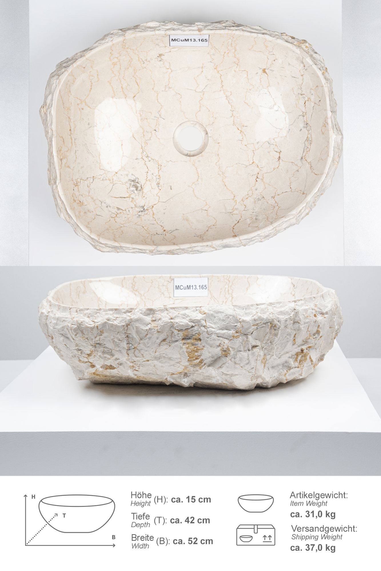 Erosi Marmor Waschbecken mit Naturkante 50 cm creme MCuM13.165