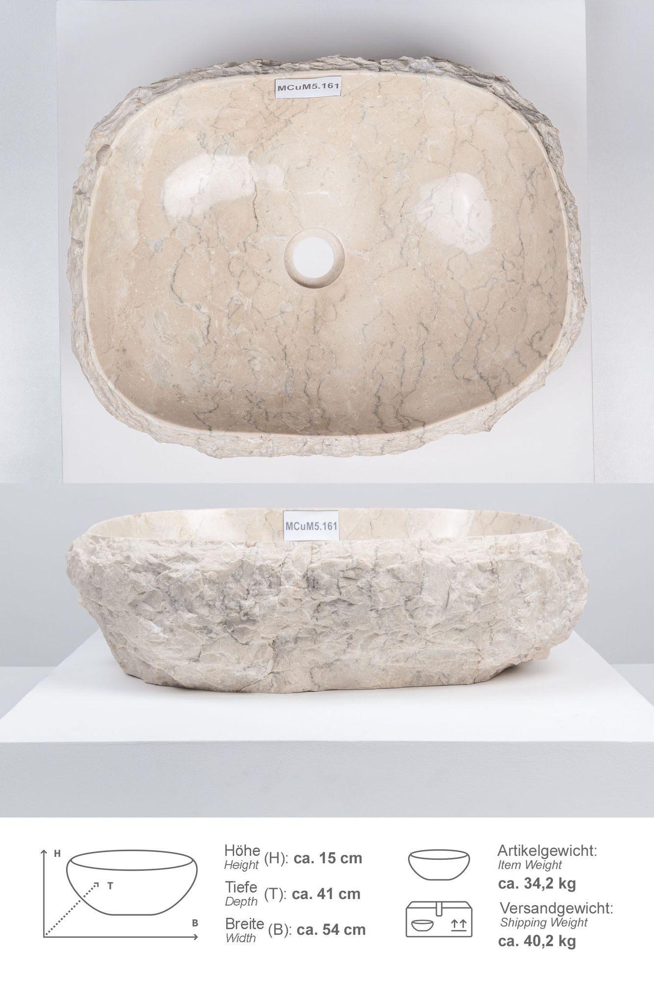 Erosi Marmor Waschbecken mit Naturkante 50 cm creme MCuM5.161