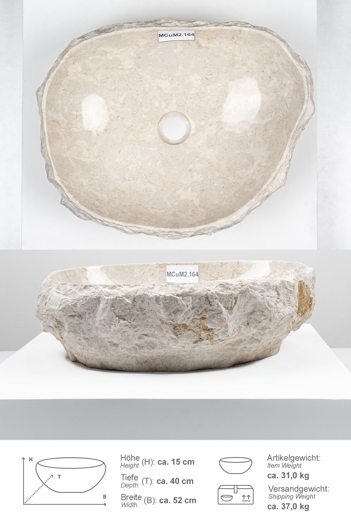 Erosi Marmor Waschbecken mit Naturkante 50 cm creme MCuM2.164