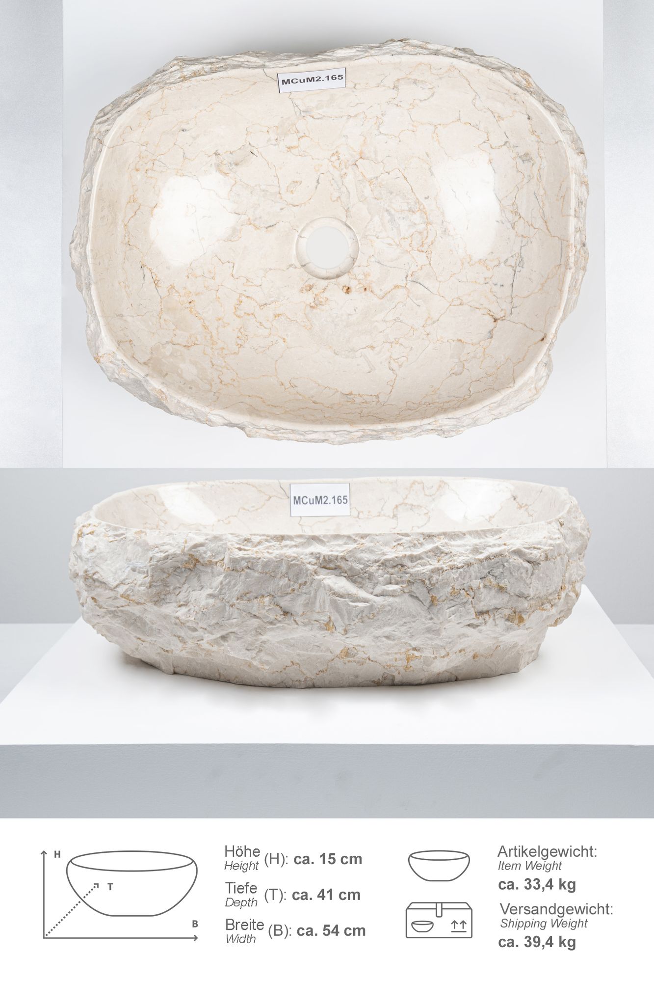 Erosi Marmor Waschbecken mit Naturkante 50 cm creme MCuM2.165