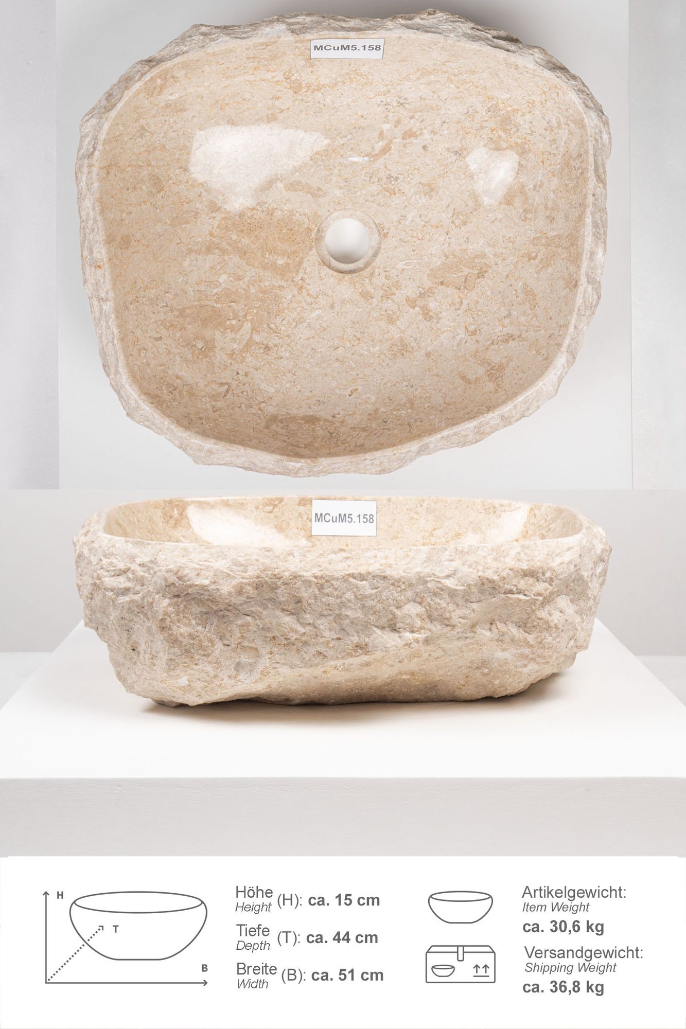 Erosi Marmor Waschbecken mit Naturkante 50 cm creme MCuM5.158