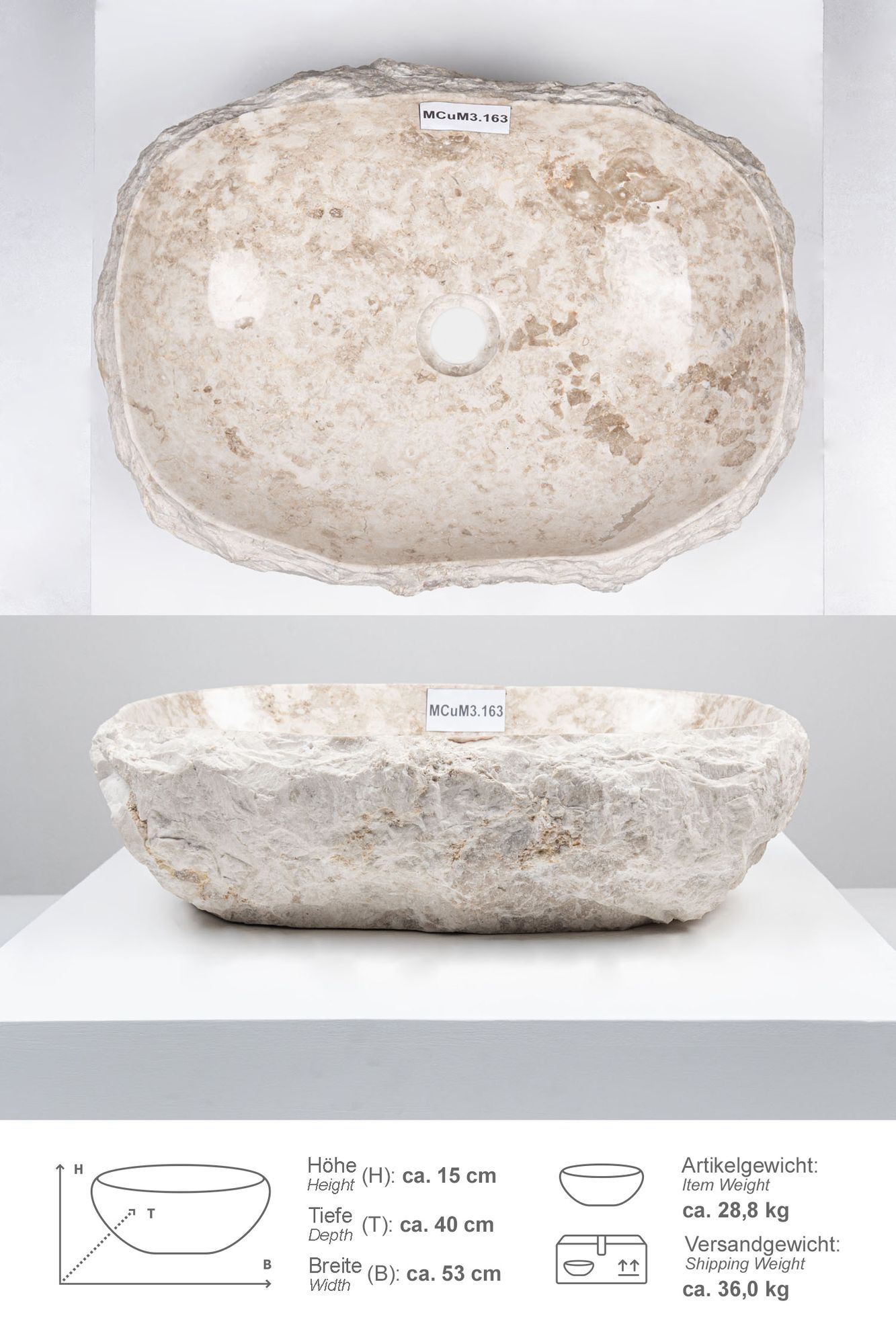 Erosi Marmor Waschbecken mit Naturkante 50 cm creme MCuM3.163