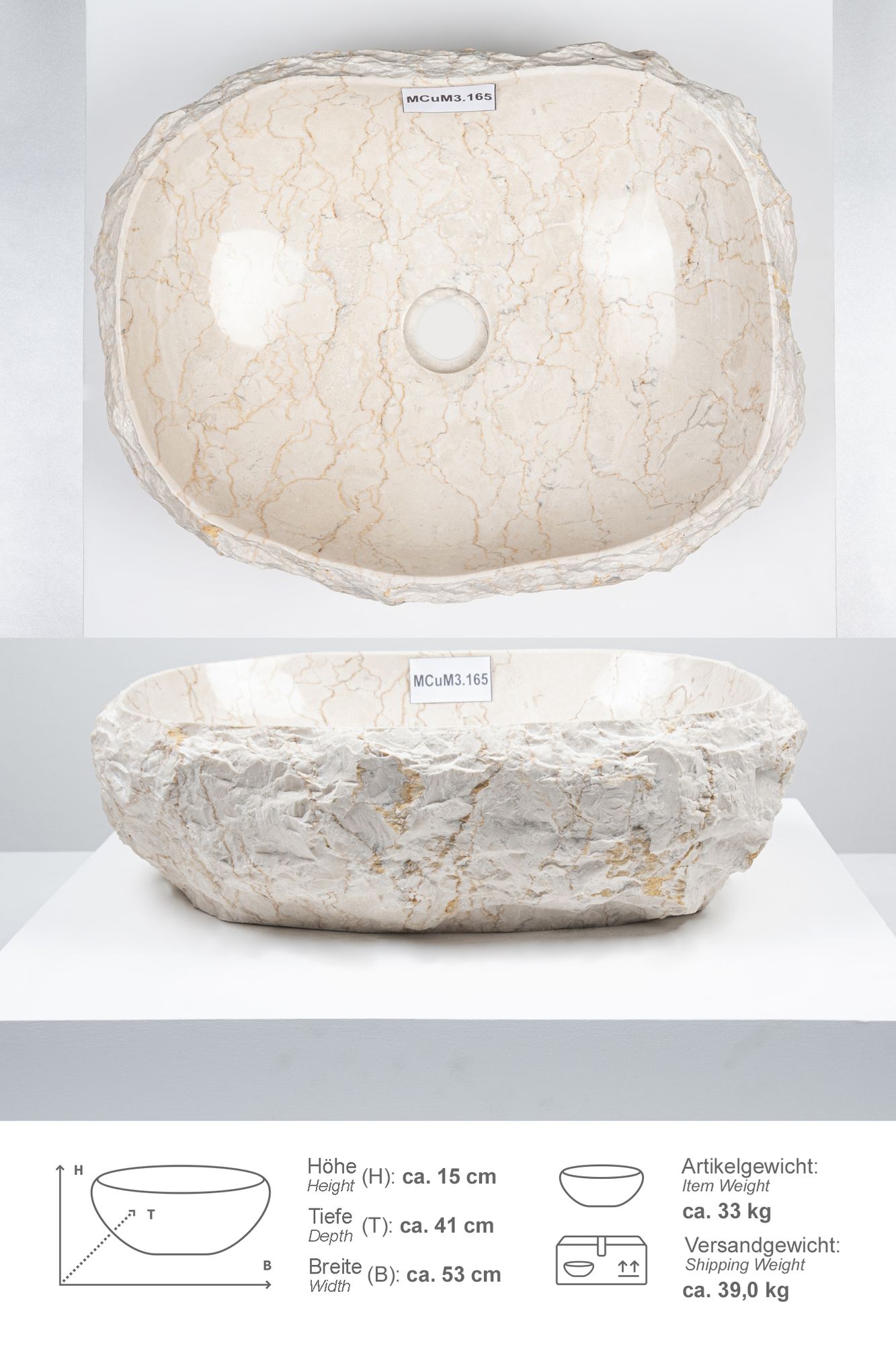 Erosi Marmor Waschbecken mit Naturkante 50 cm creme MCuM3.165