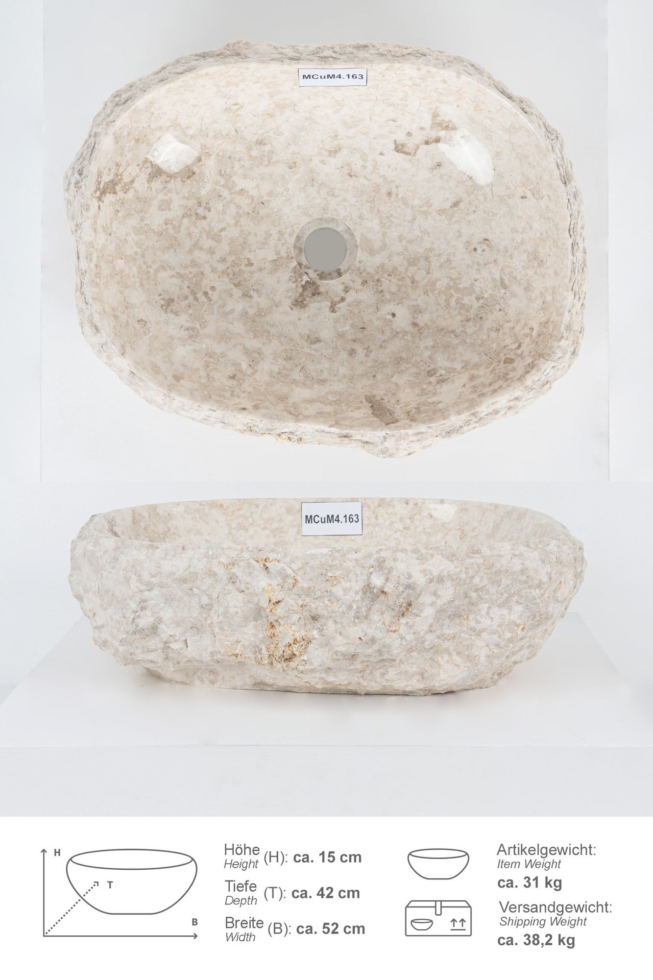 Erosi Marmor Waschbecken mit Naturkante 50 cm creme MCuM4.163