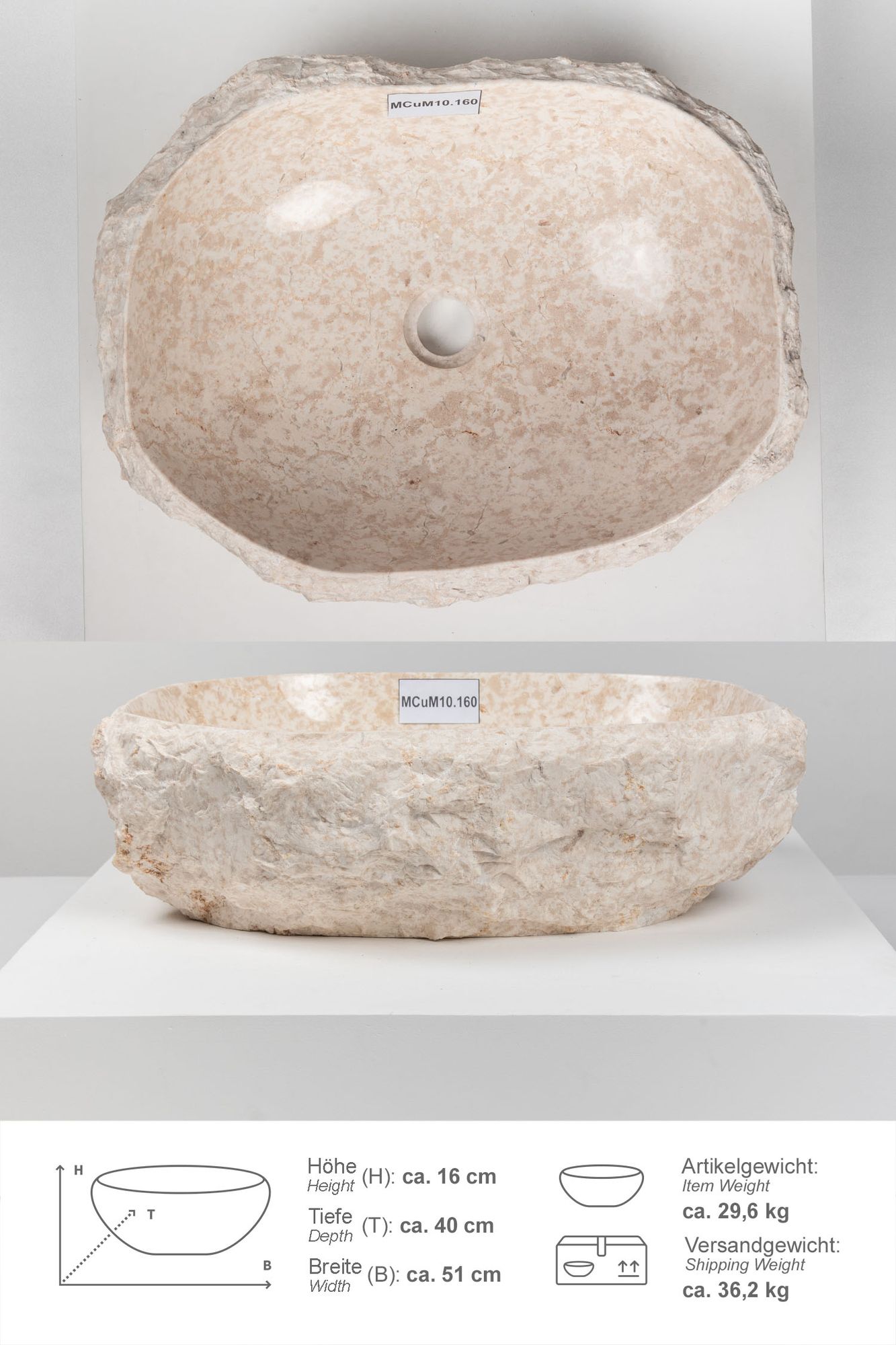 Erosi Marmor Waschbecken mit Naturkante 50 cm creme MCuM10.160