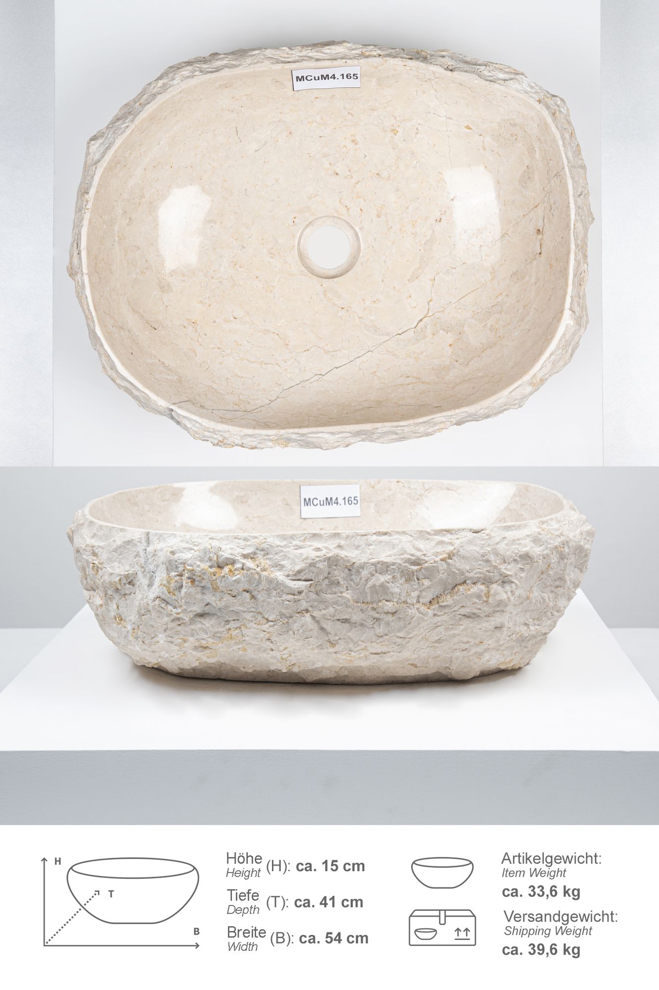 Erosi Marmor Waschbecken mit Naturkante 50 cm creme MCuM4.165