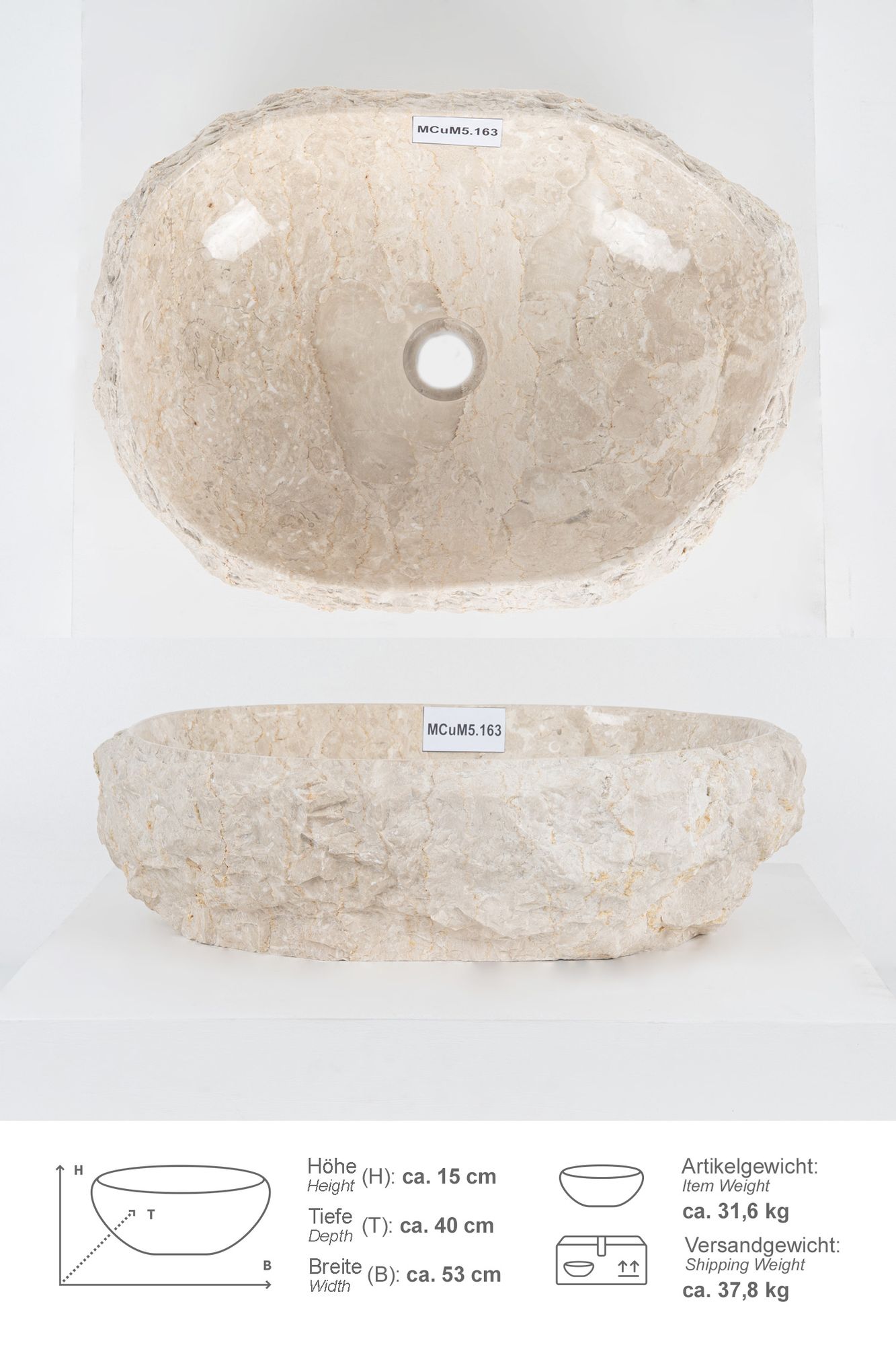 Erosi Marmor Waschbecken mit Naturkante 50 cm creme MCuM5.163