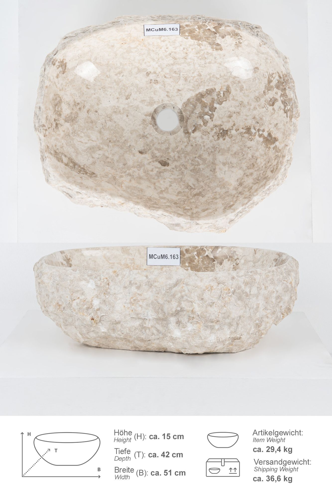Erosi Marmor Waschbecken mit Naturkante 50 cm creme MCuM6.163