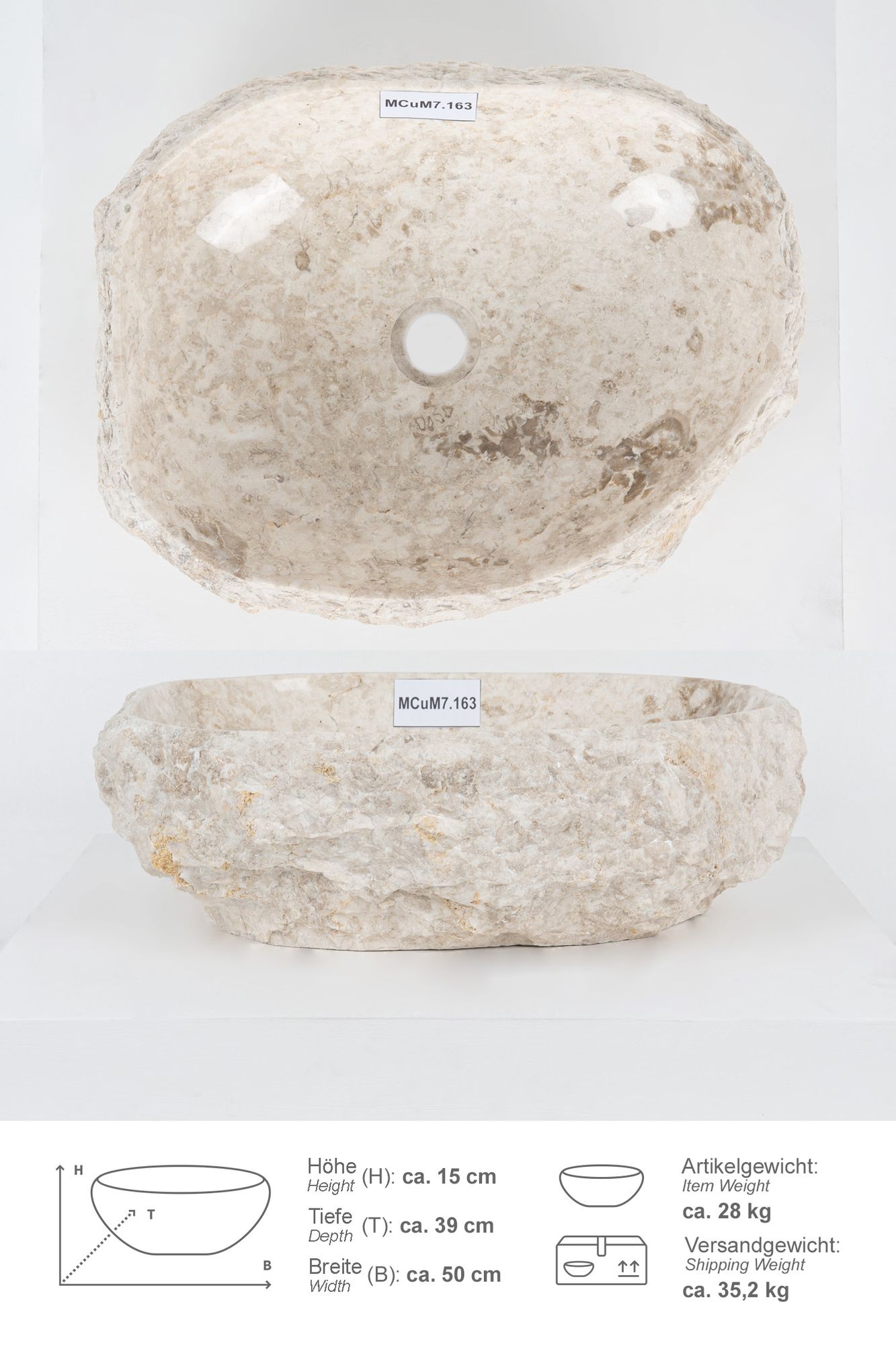 Erosi Marmor Waschbecken mit Naturkante 50 cm creme MCuM7.163