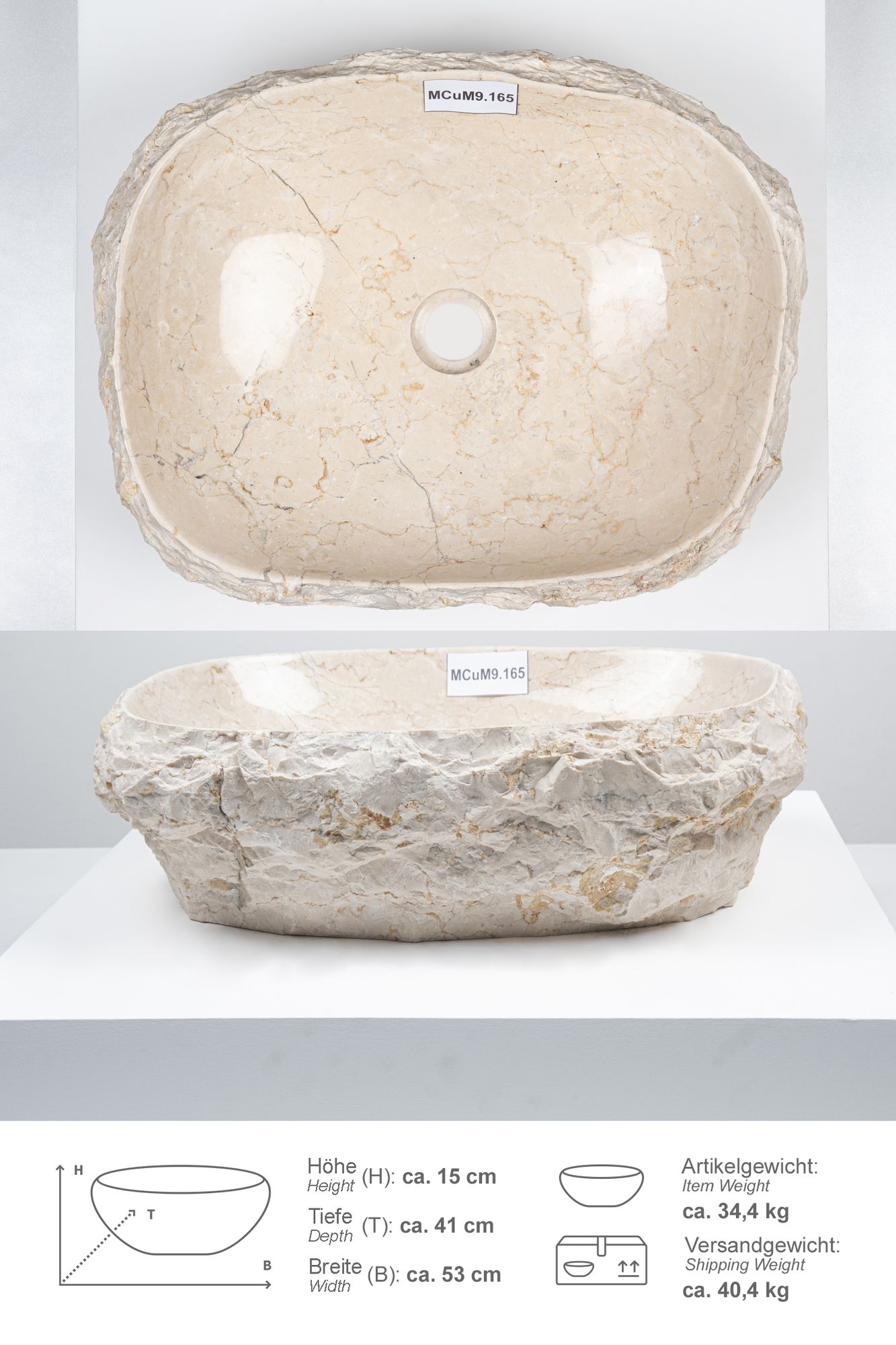 Erosi Marmor Waschbecken mit Naturkante 50 cm creme MCuM9.165